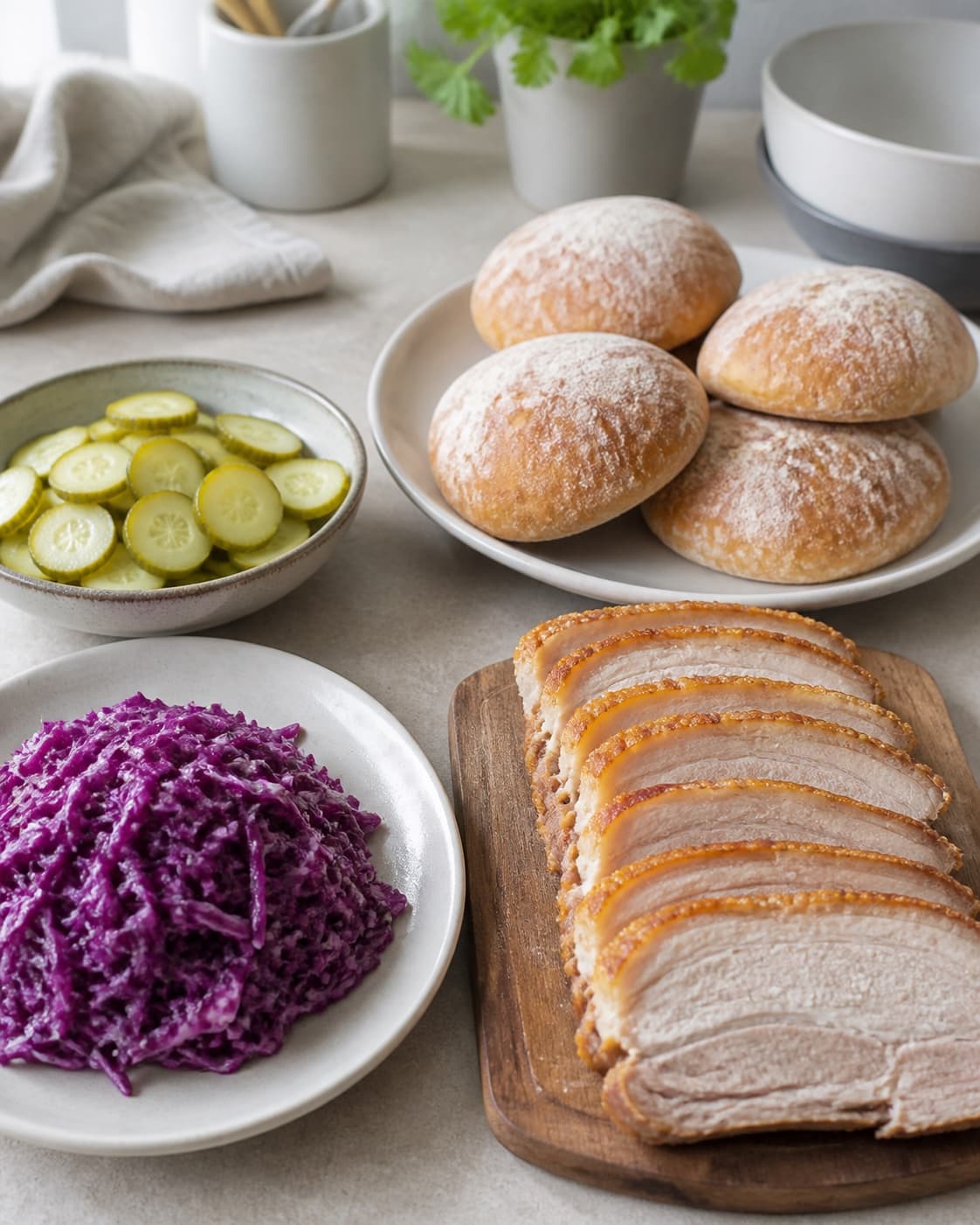 Prepared dry ingredients for flæskestegssandwich with burgerboller, rødkål, syltede agurker, svinekam med svær under tilberedningen af flæskestegssandwich