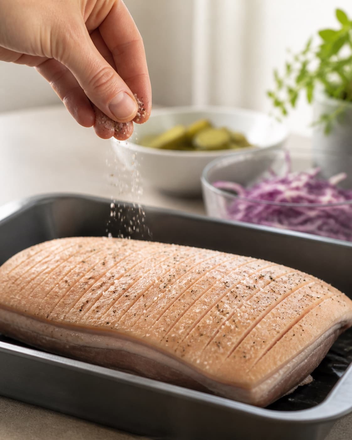 flæskestegssandwich being evenly seasoned before roasting under tilberedningen af flæskestegssandwich