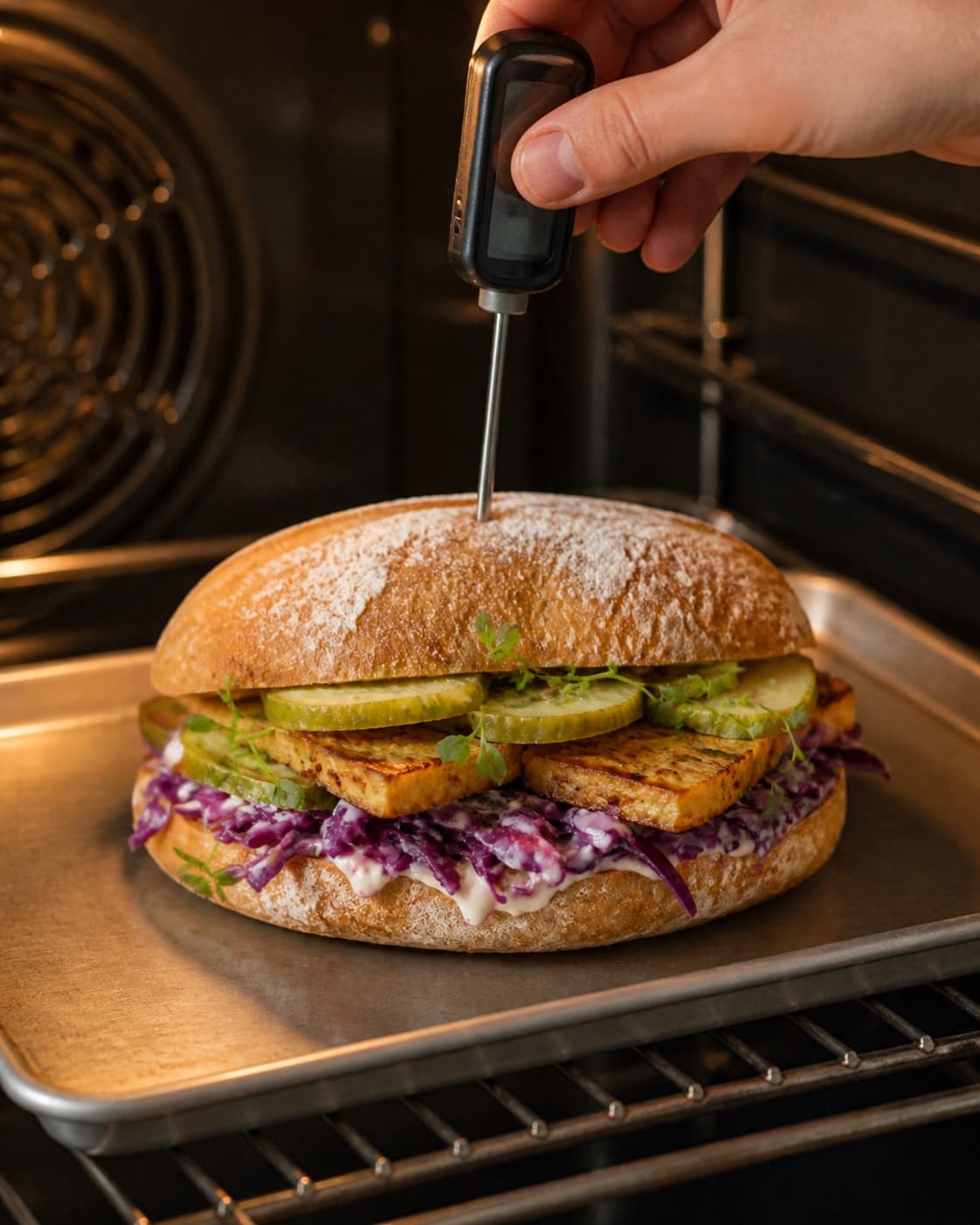 flæskestegssandwich roasting evenly while its centre temperature is checked under tilberedningen af flæskestegssandwich