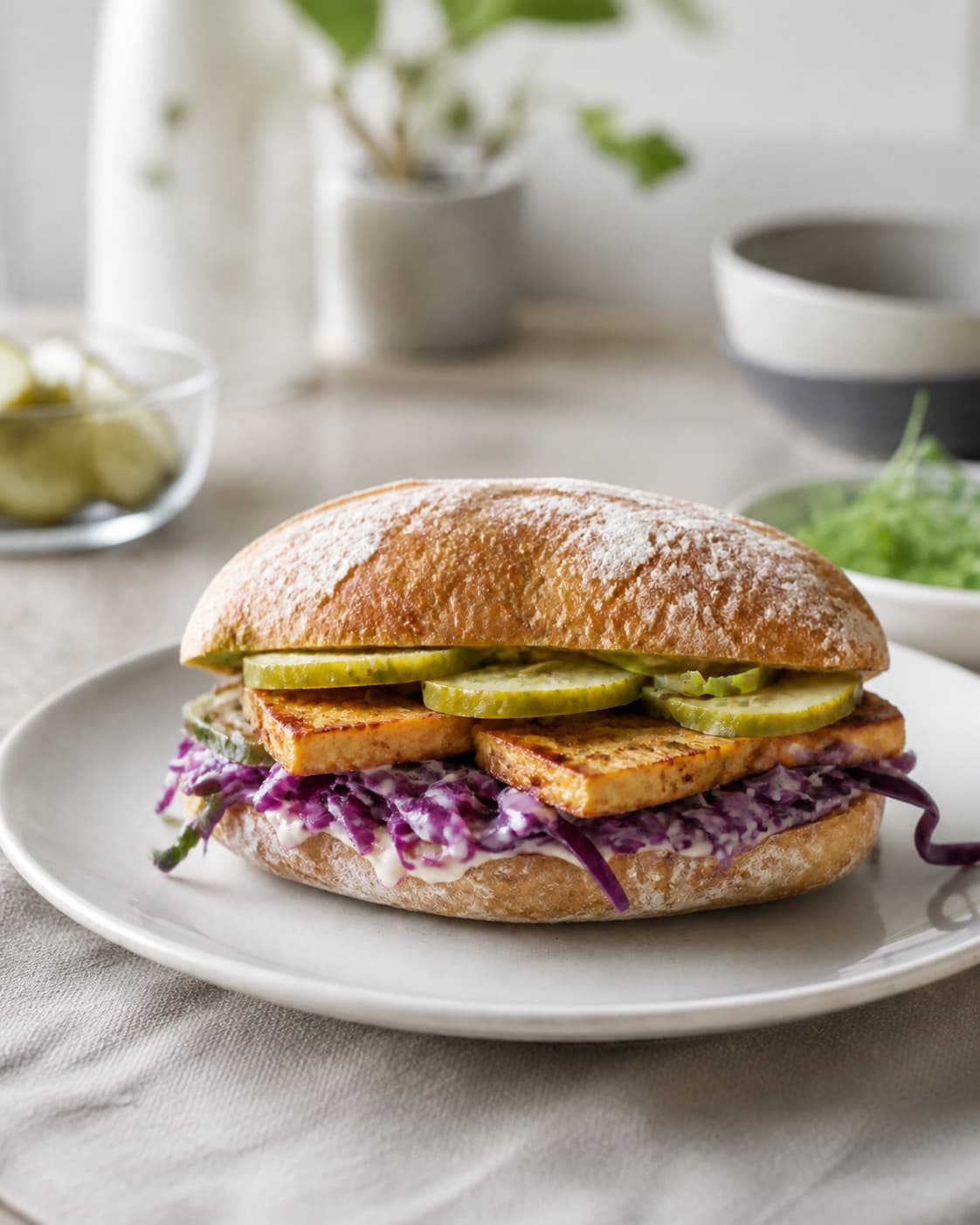 Finished flæskestegssandwich resting before the final garnish under tilberedningen af flæskestegssandwich