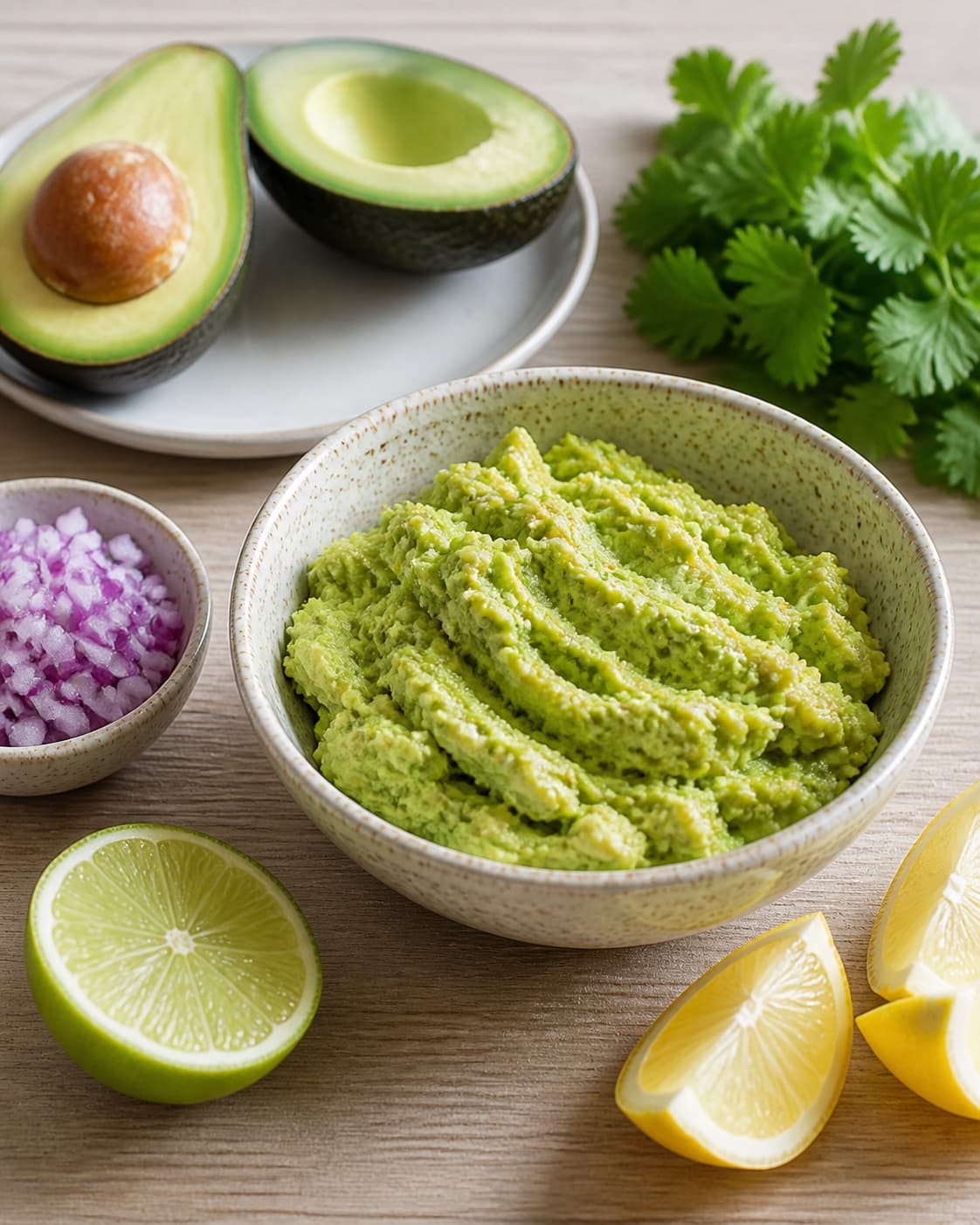 Clean prepared ingredients for guacamole with modne avocadoer, økologisk lime, rødløg, økologisk citron under tilberedningen af guacamole