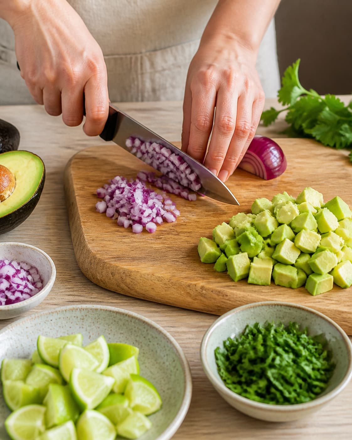 Ingredients for guacamole being cut into even pieces under tilberedningen af guacamole