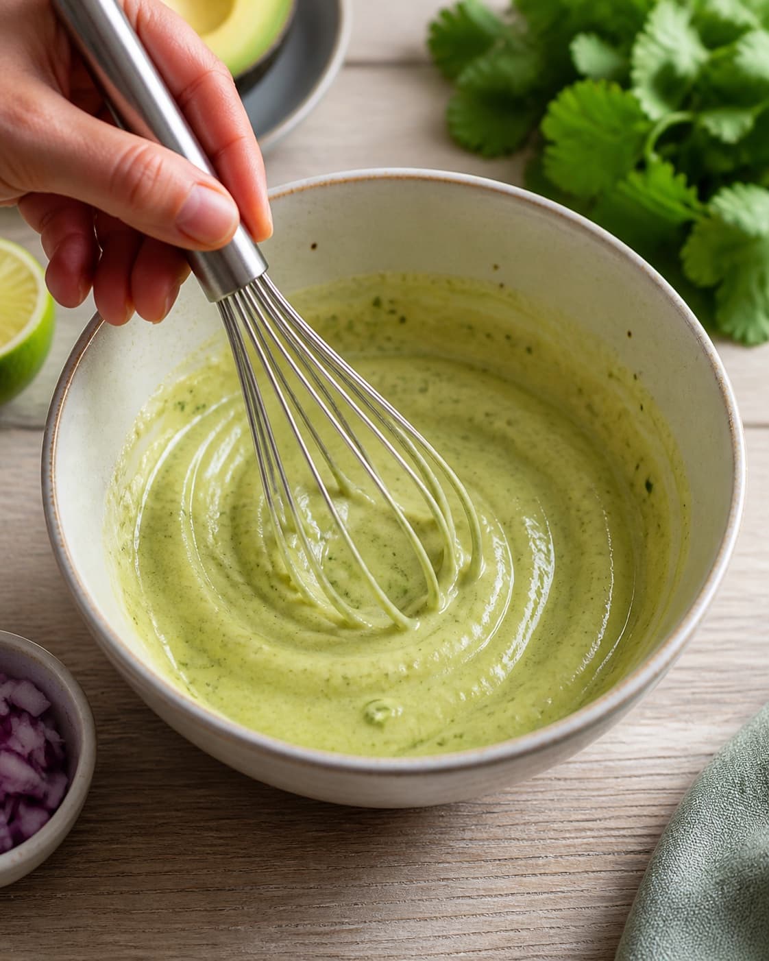 Dressing for guacamole being whisked until glossy under tilberedningen af guacamole