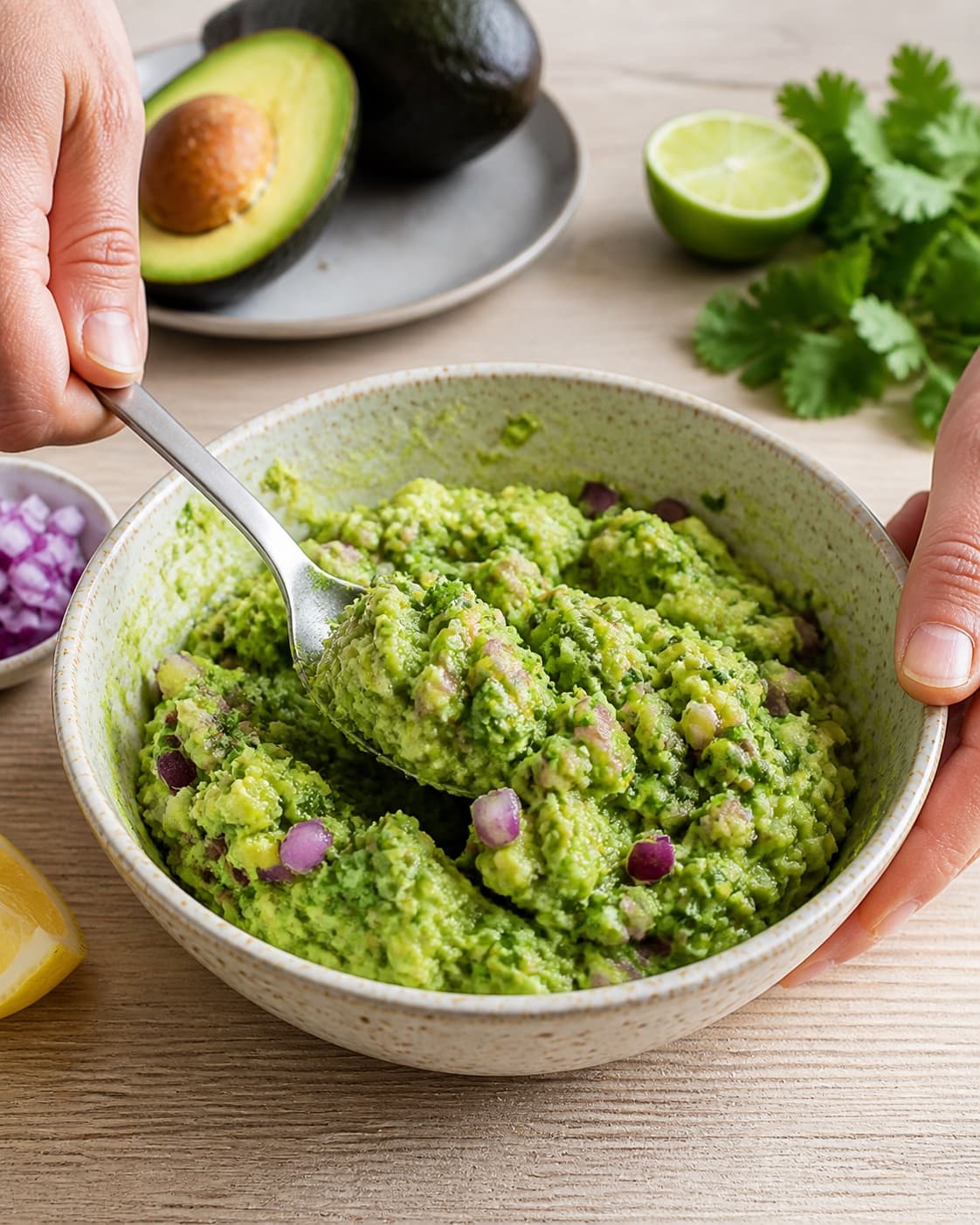 guacamole being gently combined without crushing the ingredients under tilberedningen af guacamole