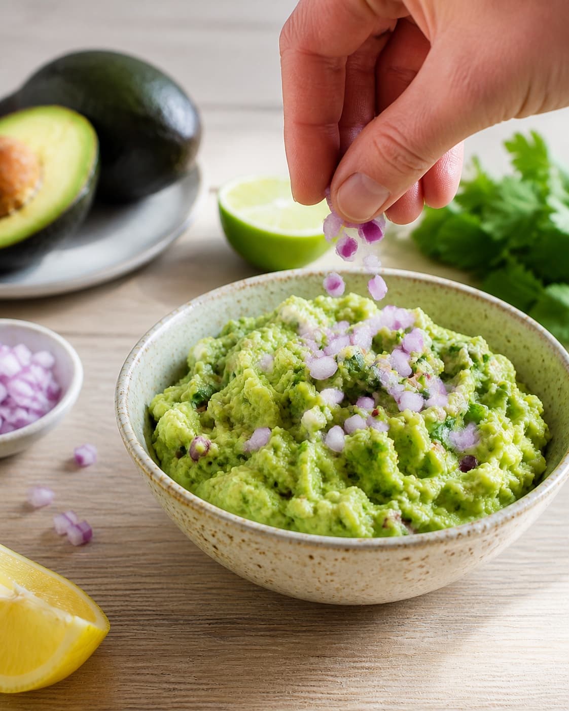 Fresh finished guacamole receiving its final garnish under tilberedningen af guacamole