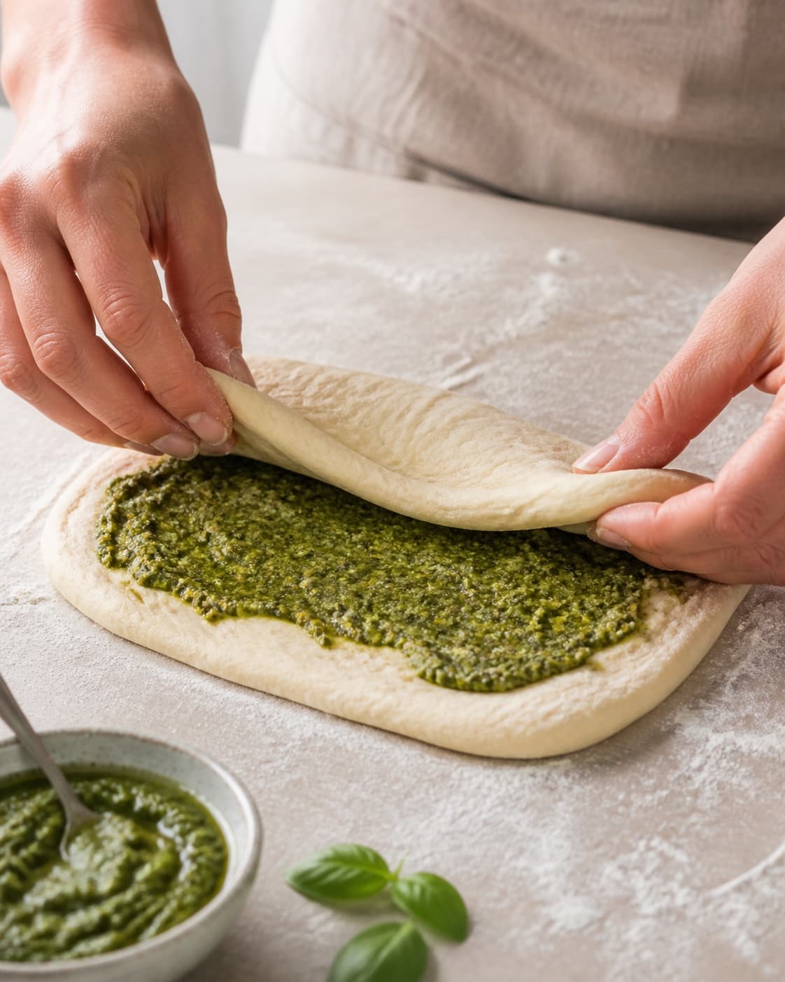 Hands gently folding elastic dough for pestosnurrer under tilberedningen af pestosnurrer
