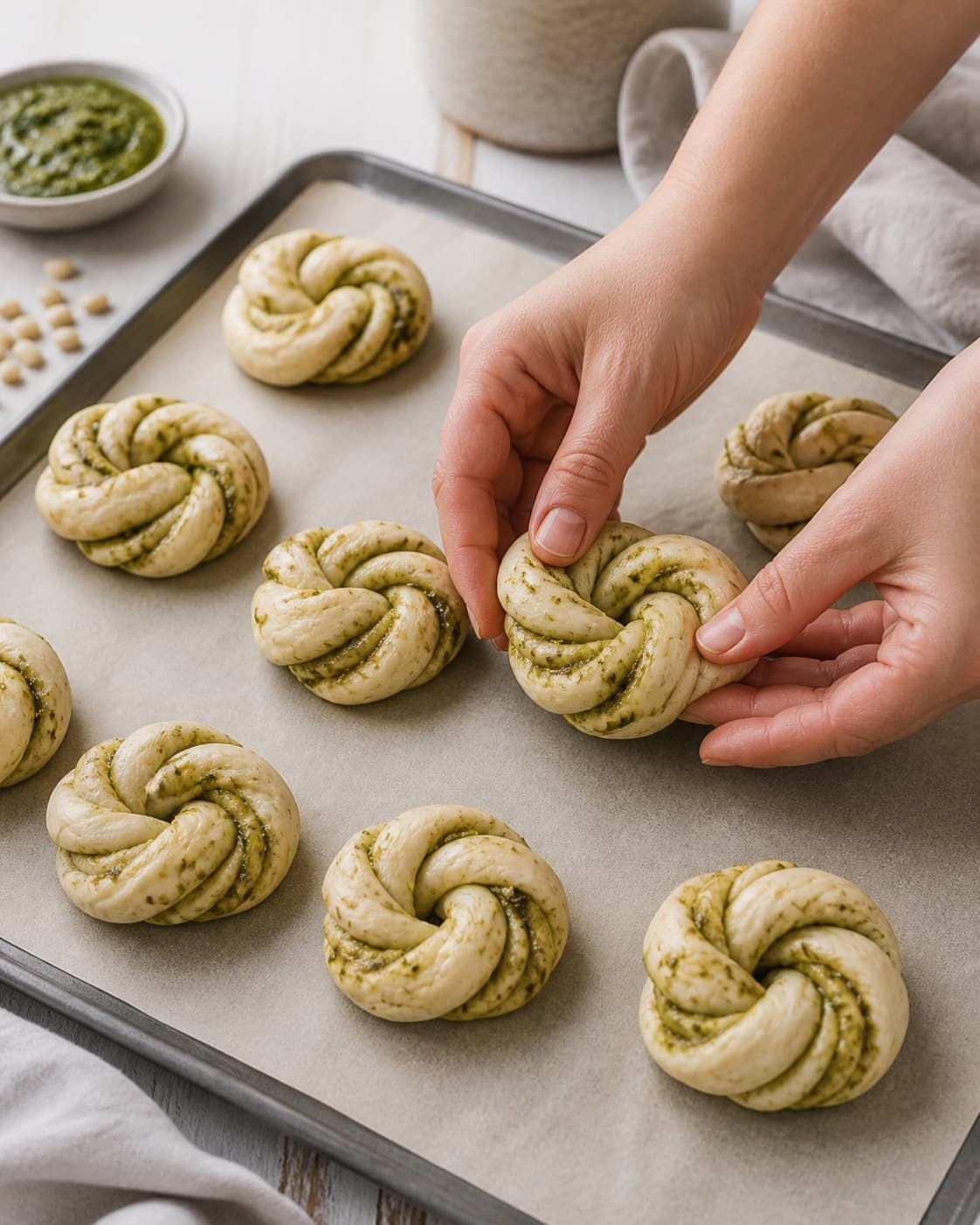 Even pieces of pestosnurrer being shaped before baking under tilberedningen af pestosnurrer