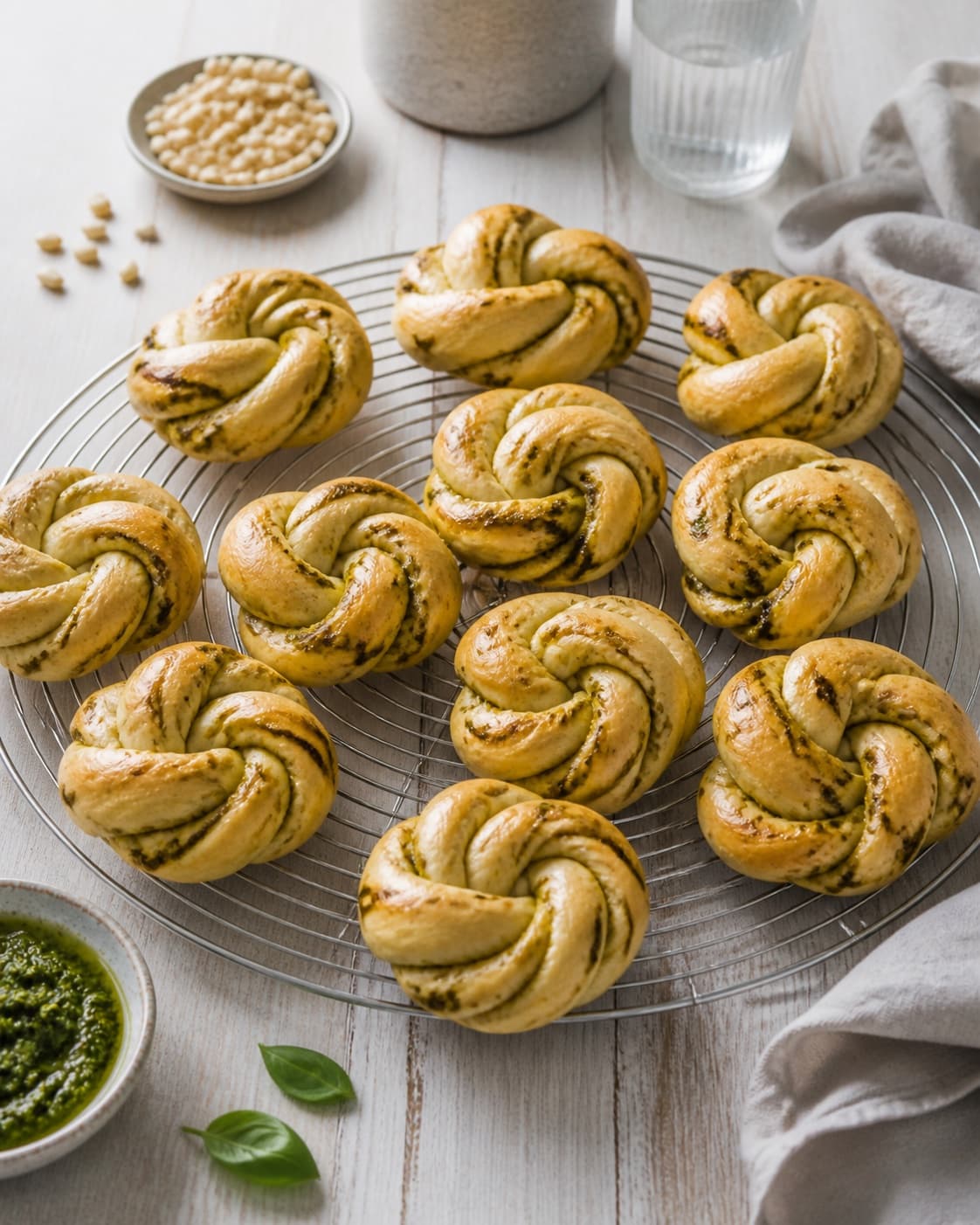 Golden baked pestosnurrer cooling on a wire rack under tilberedningen af pestosnurrer