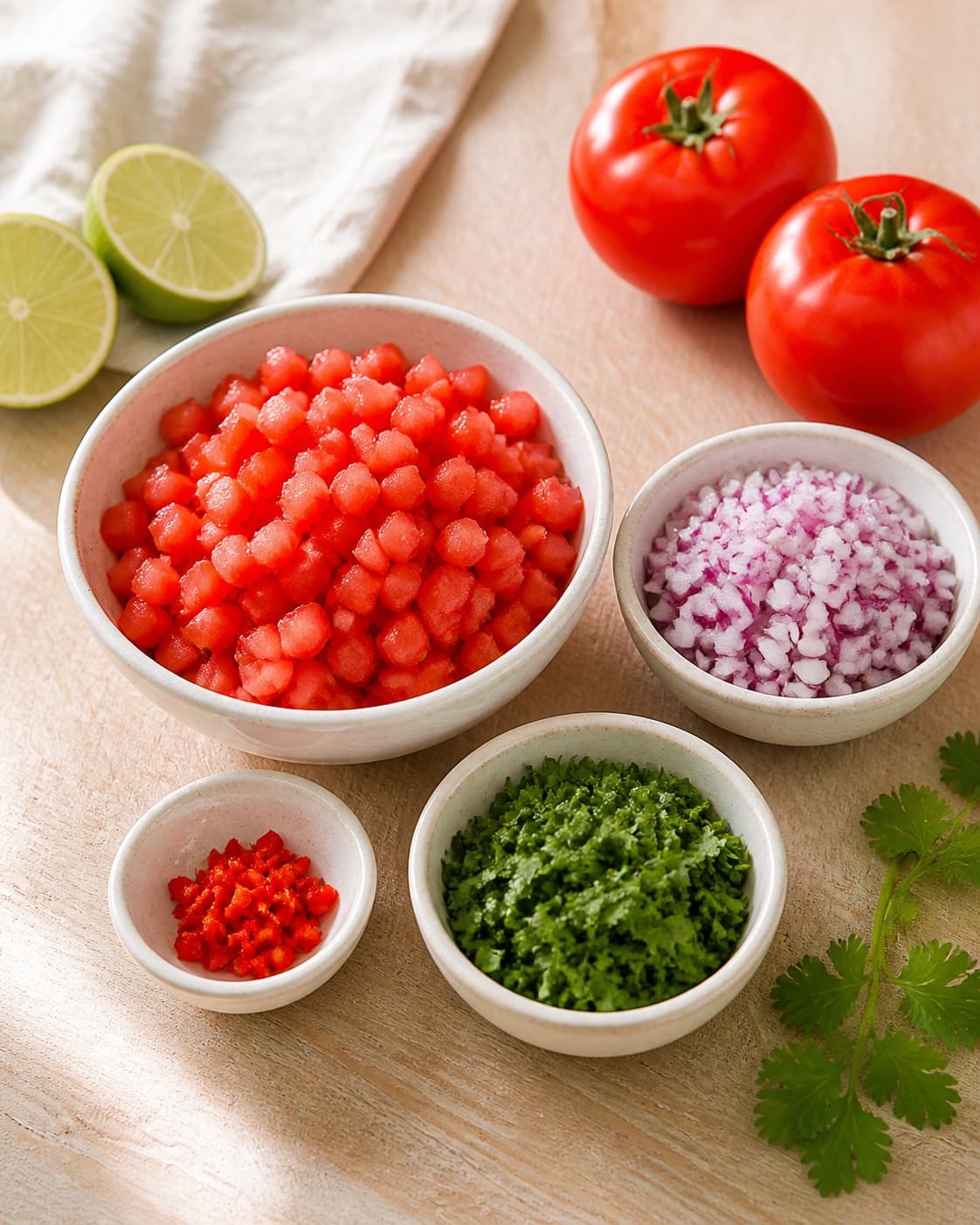 Clean prepared ingredients for hjemmelavet tomatsalsa with rødløg, modne tomater, frisk koriander, frisk chili under tilberedningen af hjemmelavet tomatsalsa