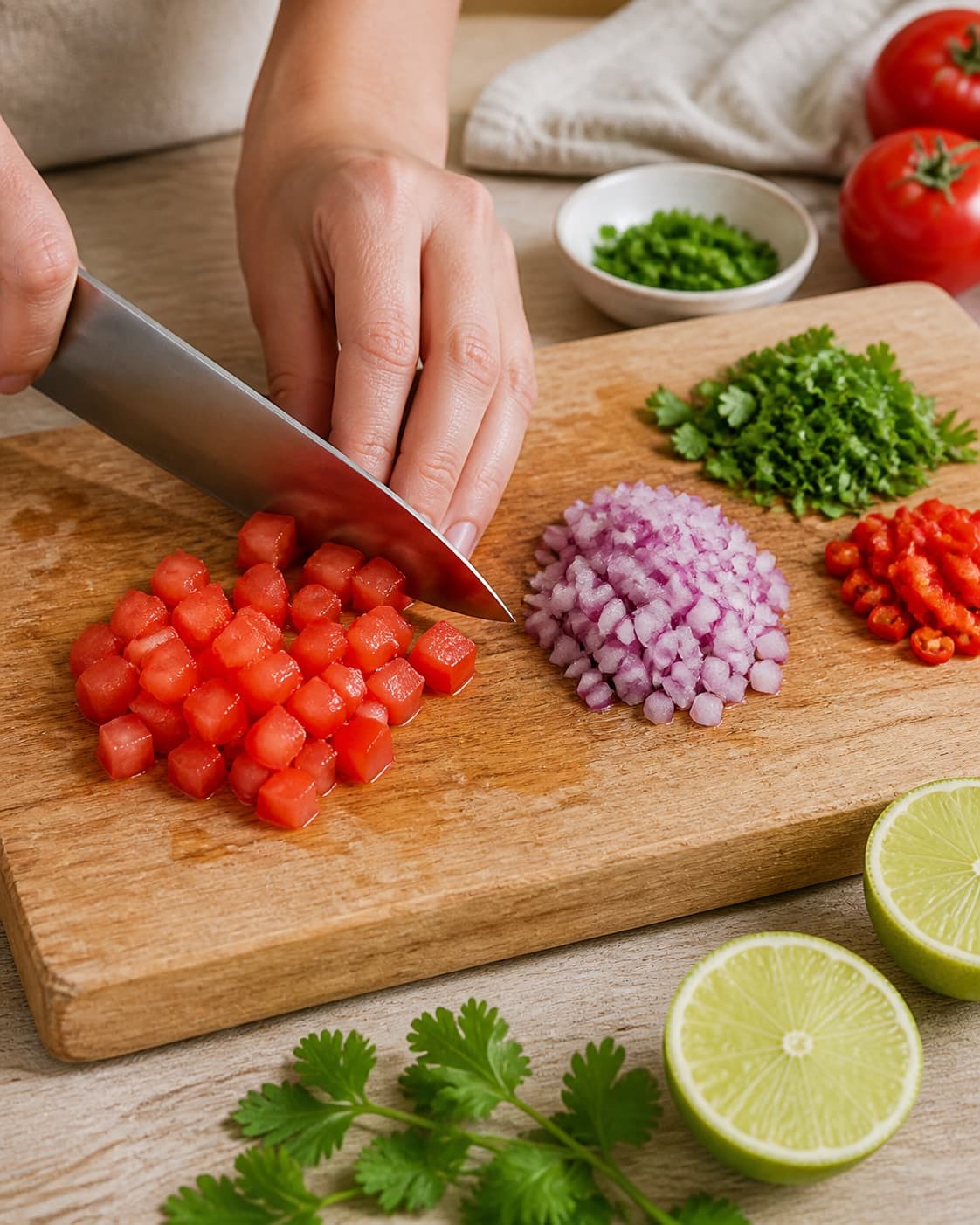 Ingredients for hjemmelavet tomatsalsa being cut into even pieces under tilberedningen af hjemmelavet tomatsalsa