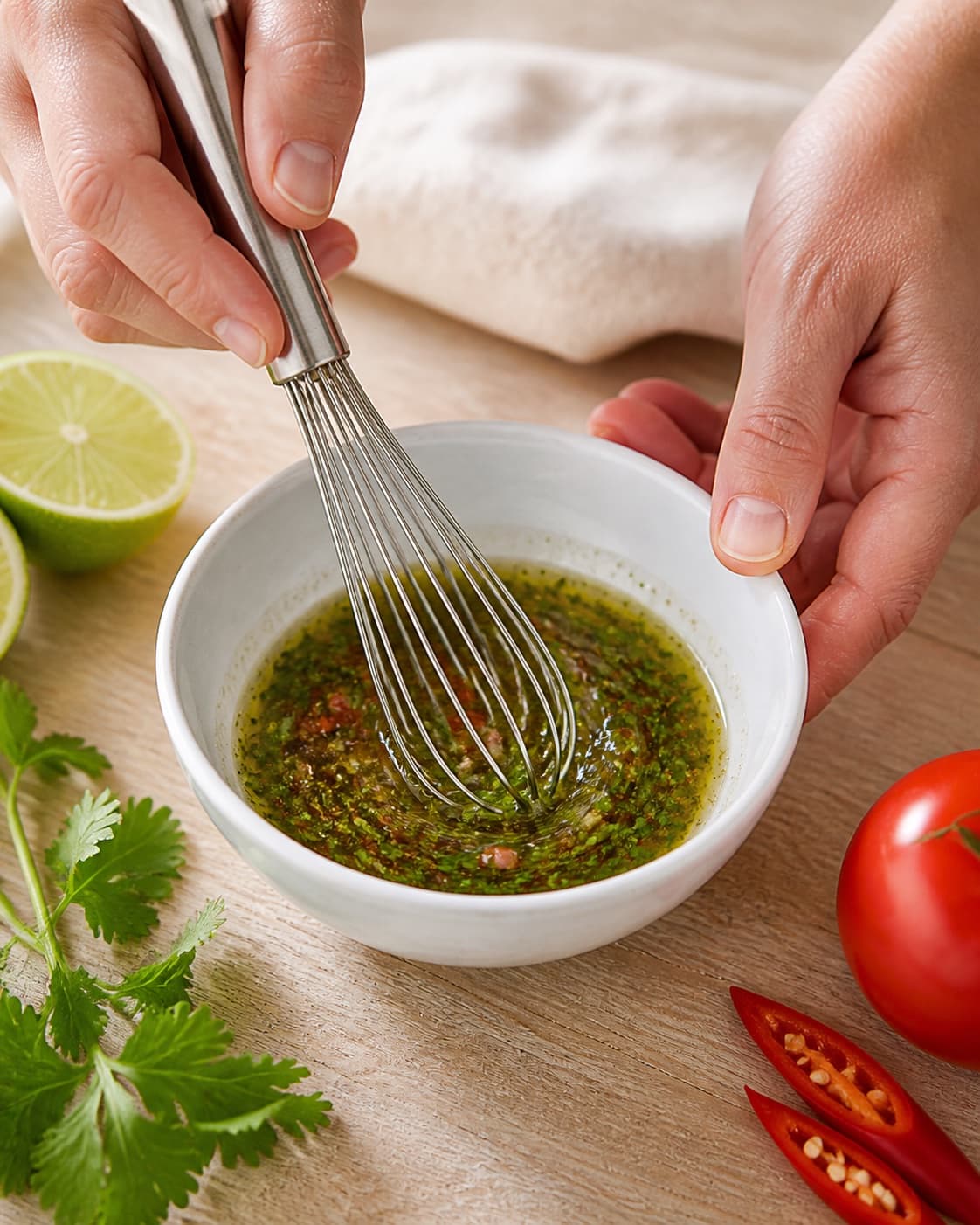 Dressing for hjemmelavet tomatsalsa being whisked until glossy under tilberedningen af hjemmelavet tomatsalsa
