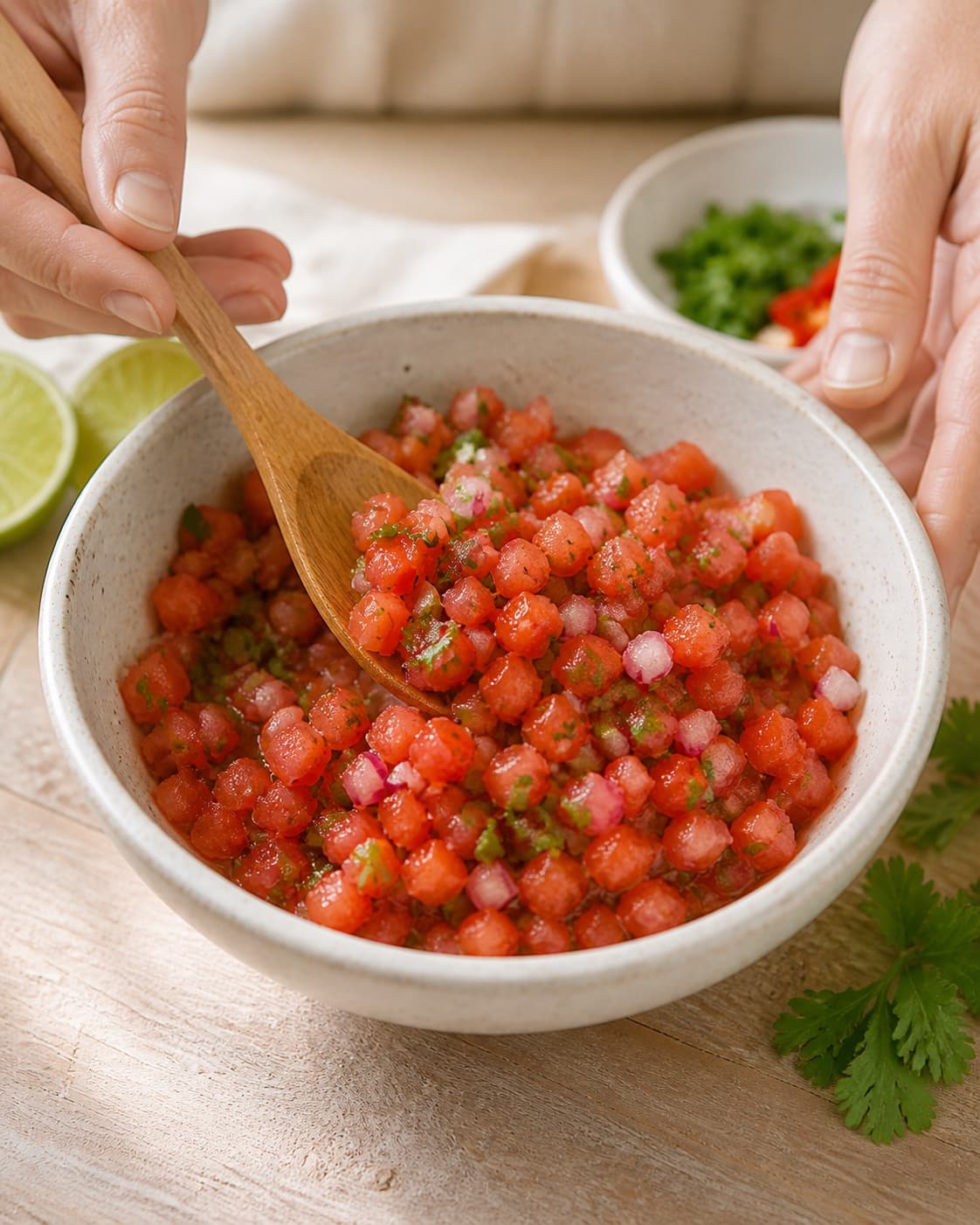 hjemmelavet tomatsalsa being gently combined without crushing the ingredients under tilberedningen af hjemmelavet tomatsalsa