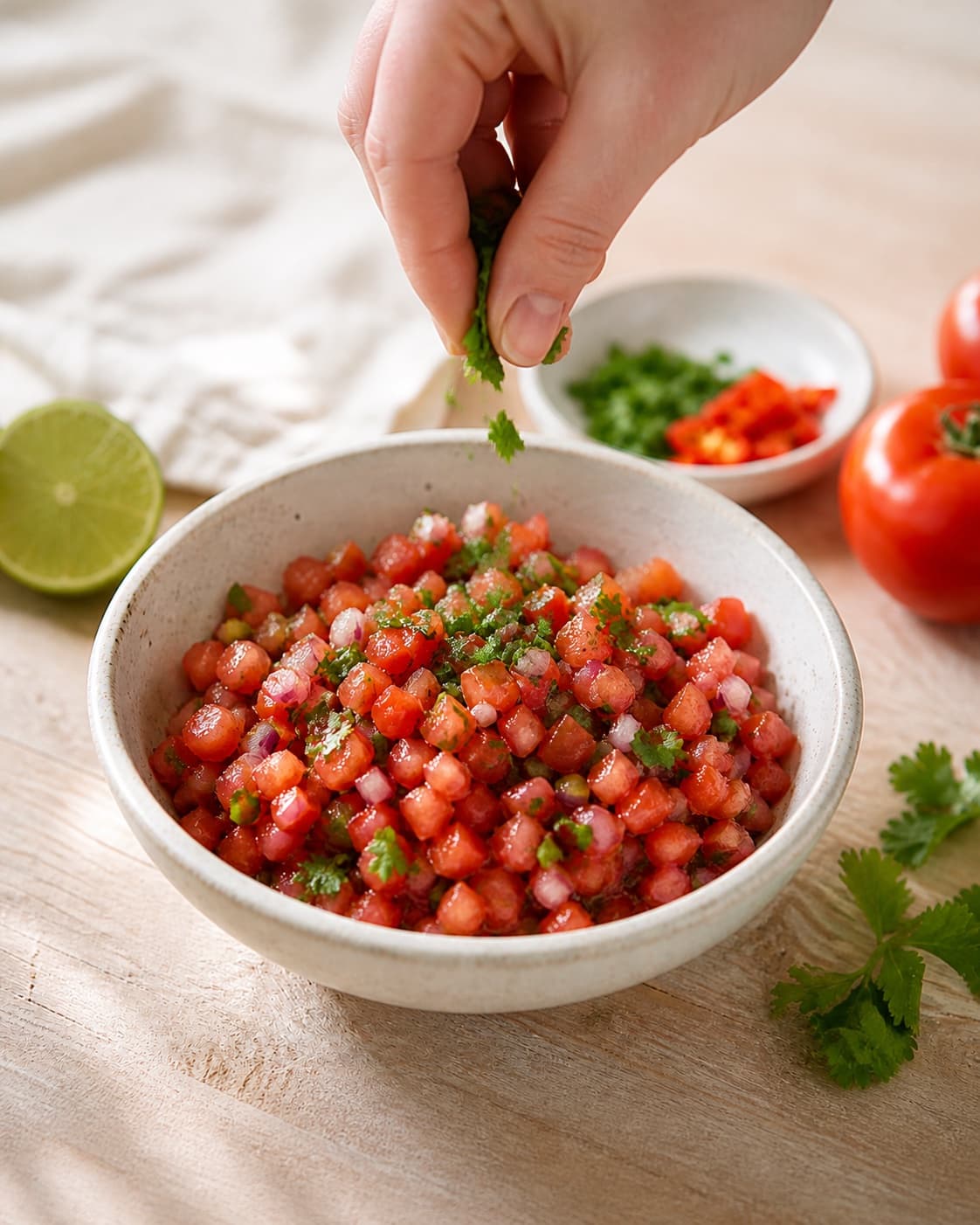 Fresh finished hjemmelavet tomatsalsa receiving its final garnish under tilberedningen af hjemmelavet tomatsalsa