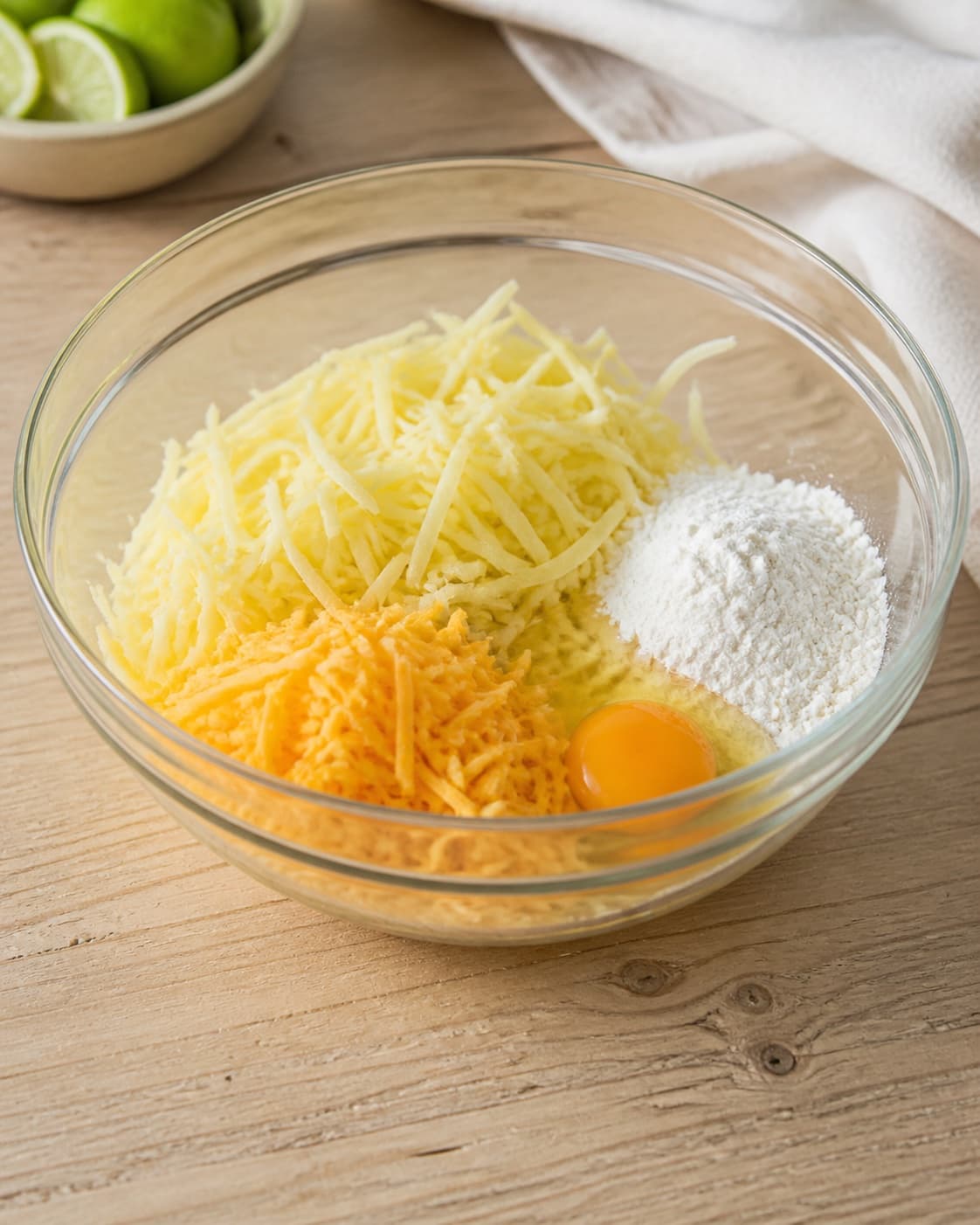 Prepared mixture for pommes rösti med mexicansk inspireret fyld with kartofler, cheddar, æg, hvedemel under tilberedningen af pommes rösti med mexicansk inspireret fyld
