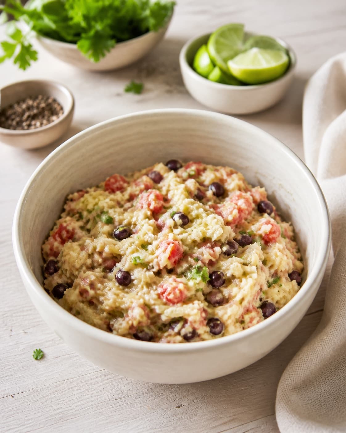 Rested cohesive mixture for pommes rösti med mexicansk inspireret fyld ready for the pan under tilberedningen af pommes rösti med mexicansk inspireret fyld