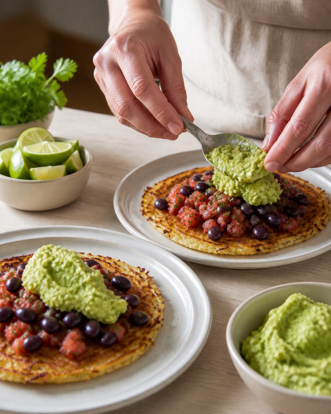Equal portions of pommes rösti med mexicansk inspireret fyld being formed under tilberedningen af pommes rösti med mexicansk inspireret fyld
