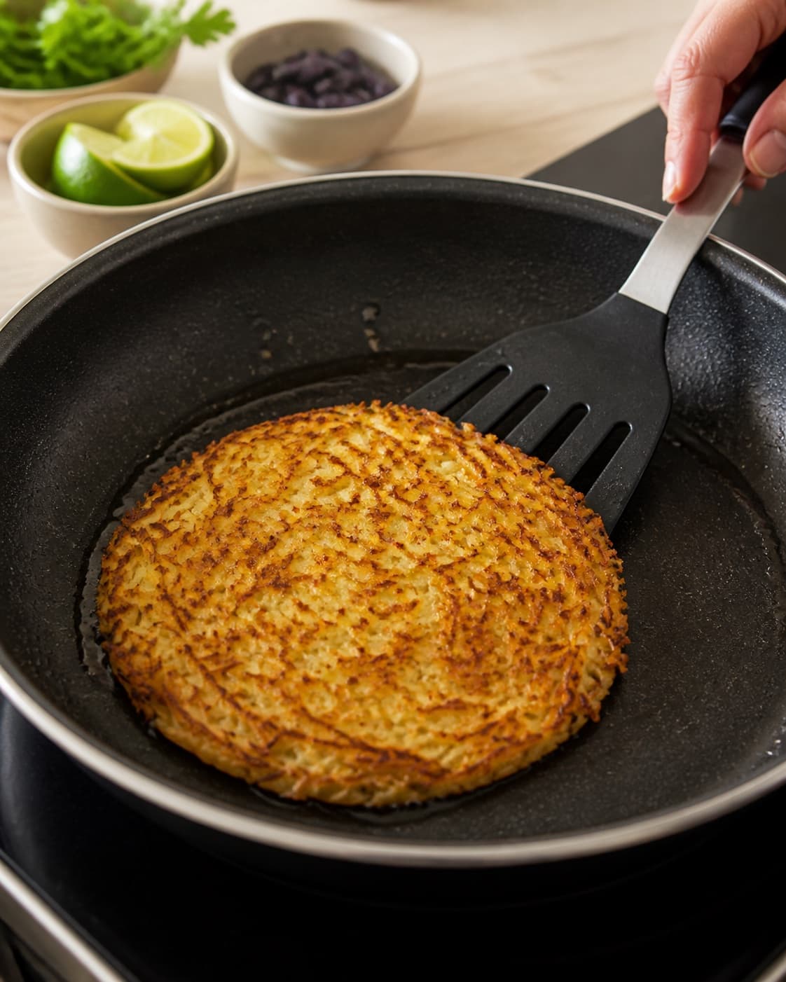 pommes rösti med mexicansk inspireret fyld frying to an even golden crust in a pan under tilberedningen af pommes rösti med mexicansk inspireret fyld