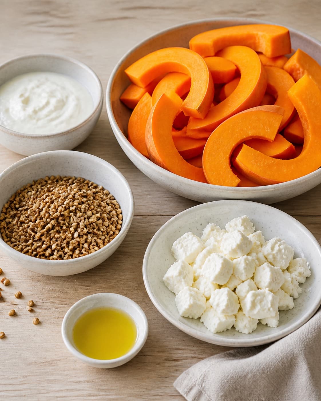 Clean prepared ingredients for bagt græskar med fetacreme og ristede boghvede with boghvedekerner, feta, butternut squash, græsk yoghurt under tilberedningen af bagt græskar med fetacreme og ristede boghvede