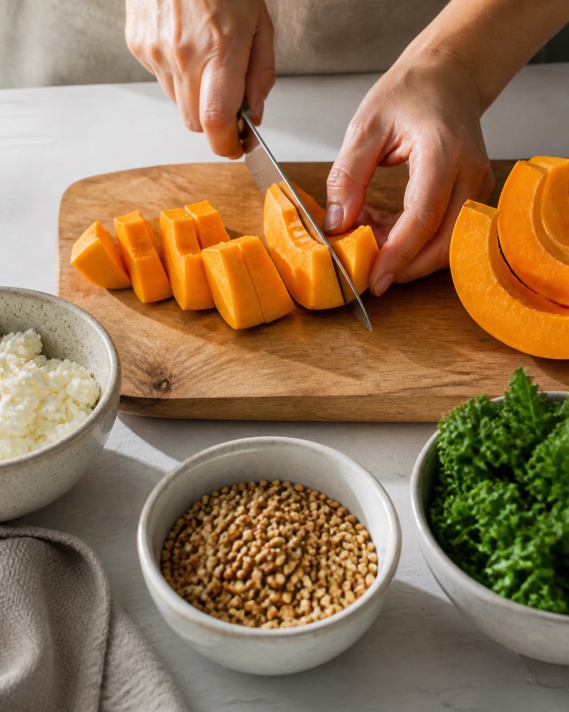 Ingredients for bagt græskar med fetacreme og ristede boghvede being cut into even pieces under tilberedningen af bagt græskar med fetacreme og ristede boghvede