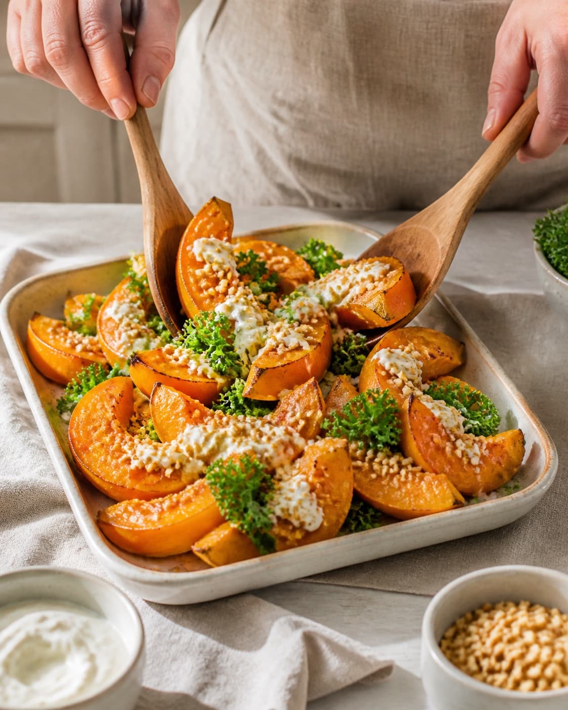 bagt græskar med fetacreme og ristede boghvede being gently combined without crushing the ingredients under tilberedningen af bagt græskar med fetacreme og ristede boghvede