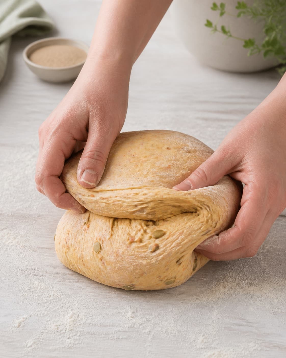 Hands gently folding elastic dough for græskarboller under tilberedningen af græskarboller