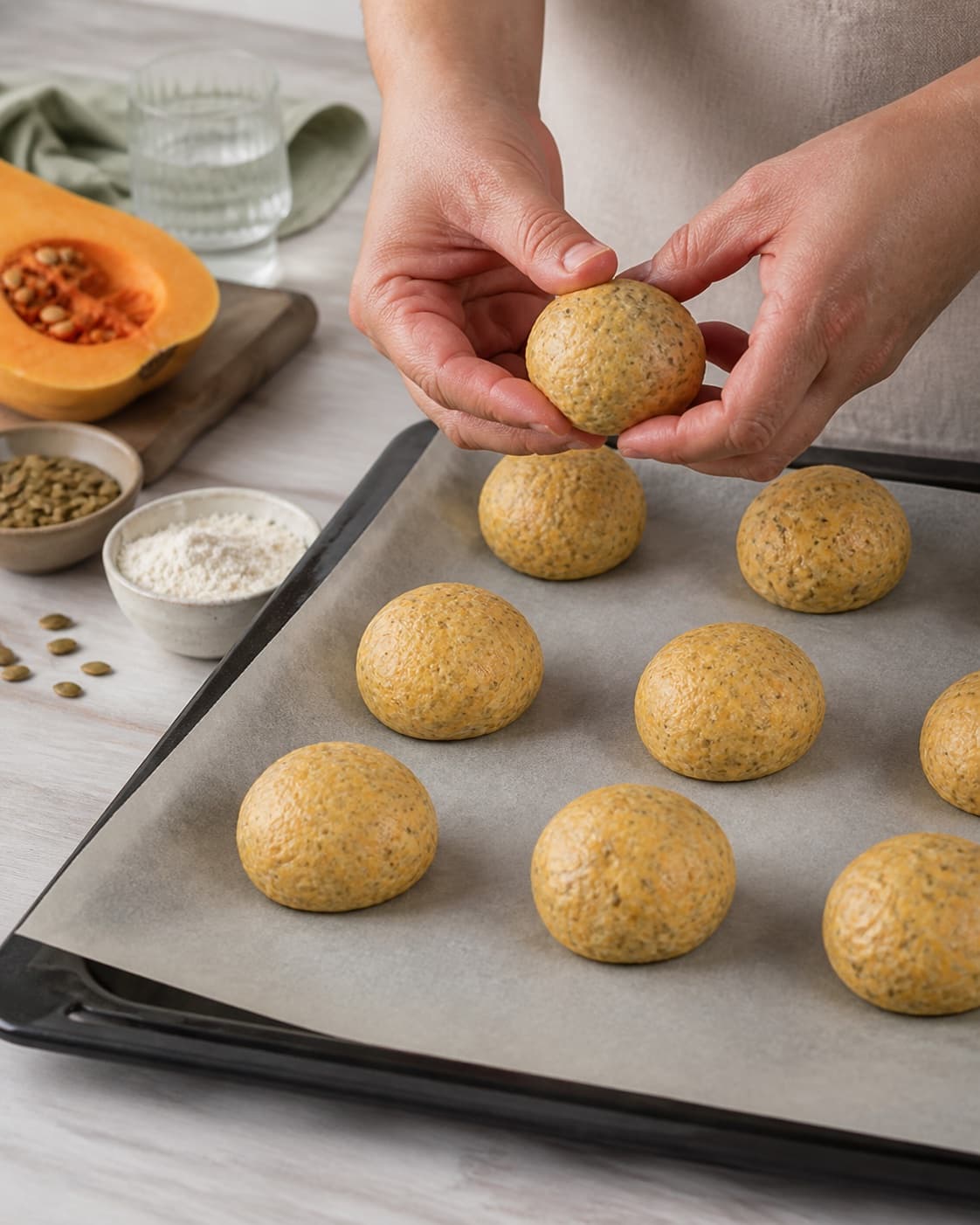 Even pieces of græskarboller being shaped before baking under tilberedningen af græskarboller