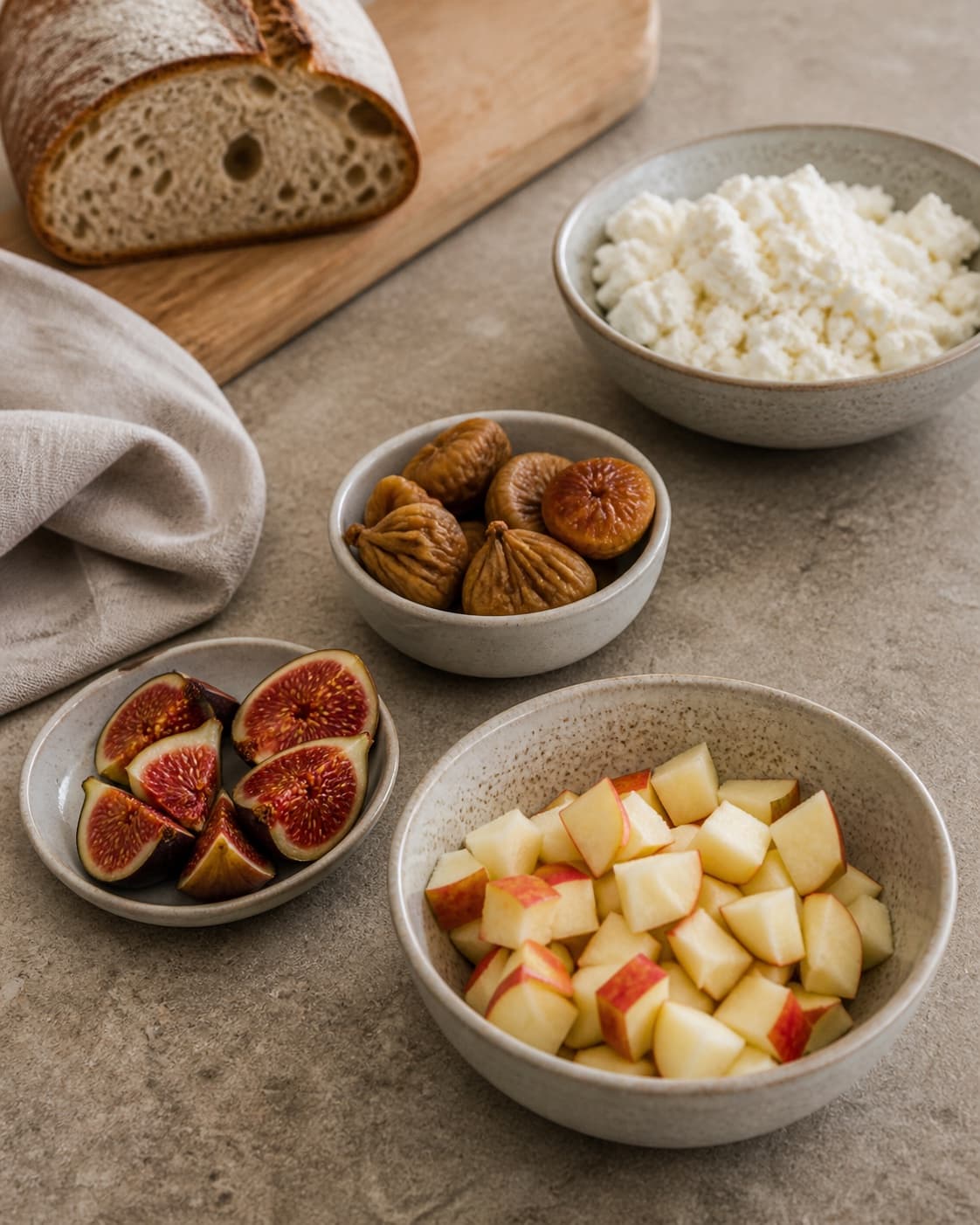 Prepared dry ingredients for ristet brød med figner, ricotta og æblekompot with surdejsbrød, friske eller tørrede figner, ricotta, syrlige æbler under tilberedningen af ristet brød med figner, ricotta og æblekompot