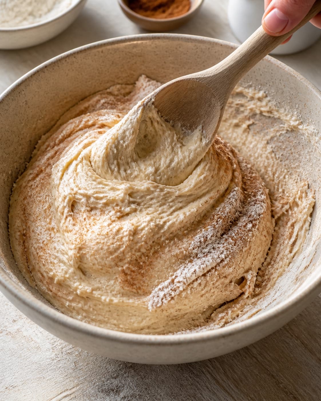 Close view of the moist dough for kanelsnegle med glasur being mixed in a bowl with stødt kanel, hvedemel, sødmælk, gær under tilberedningen af kanelsnegle med glasur