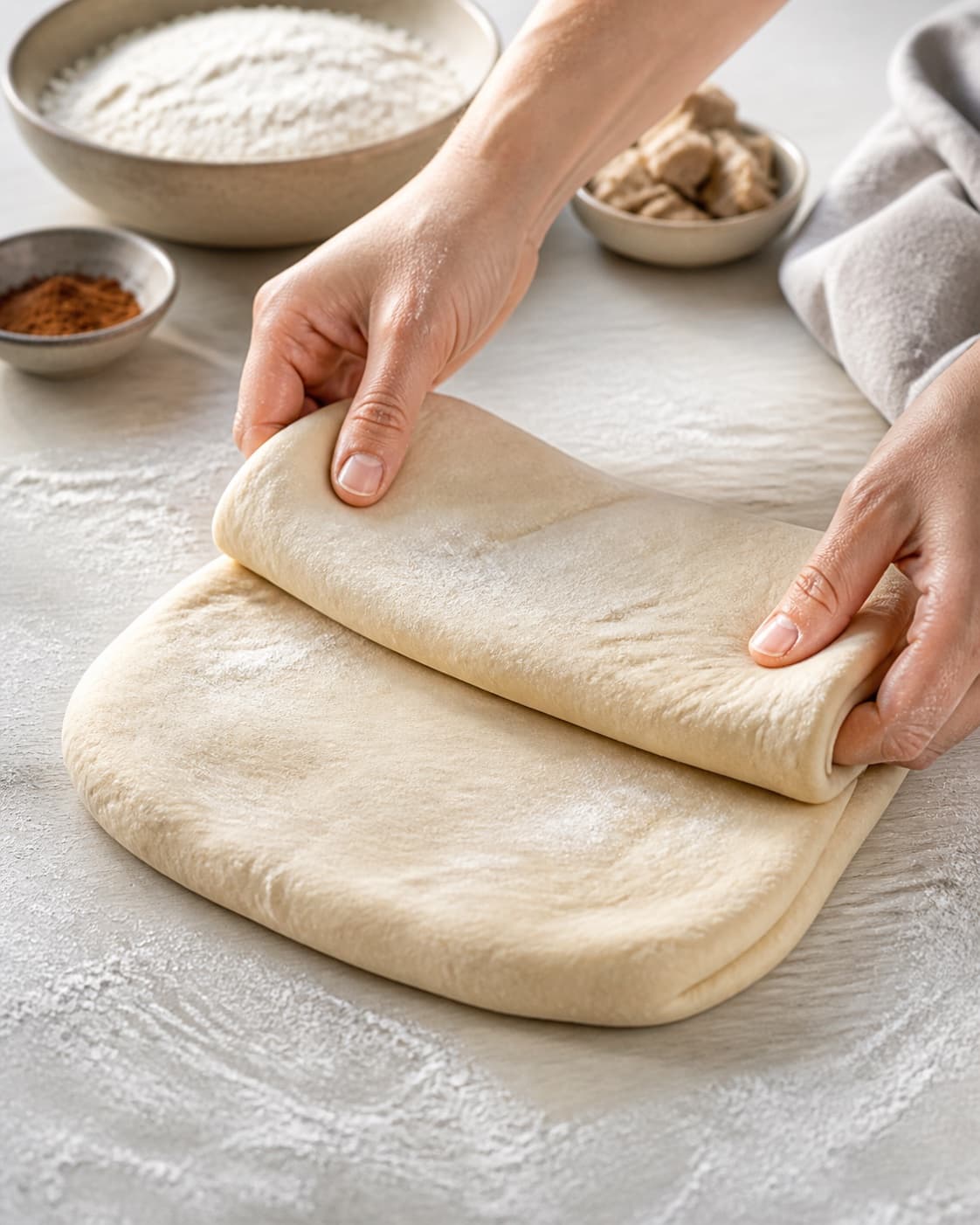 Hands gently folding elastic dough for kanelsnegle med glasur under tilberedningen af kanelsnegle med glasur
