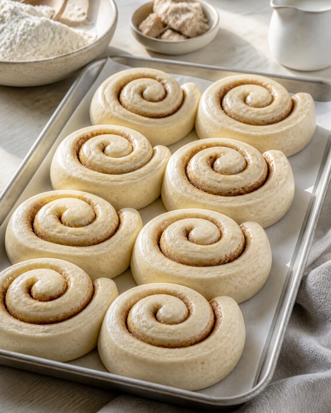 Proofed airy dough for kanelsnegle med glasur with visible fermentation bubbles under tilberedningen af kanelsnegle med glasur
