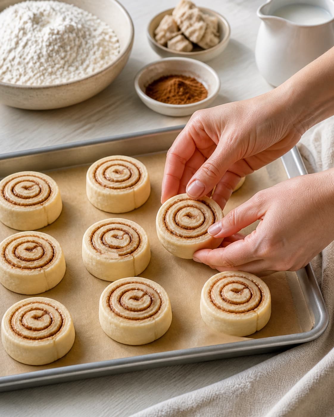 Even pieces of kanelsnegle med glasur being shaped before baking under tilberedningen af kanelsnegle med glasur