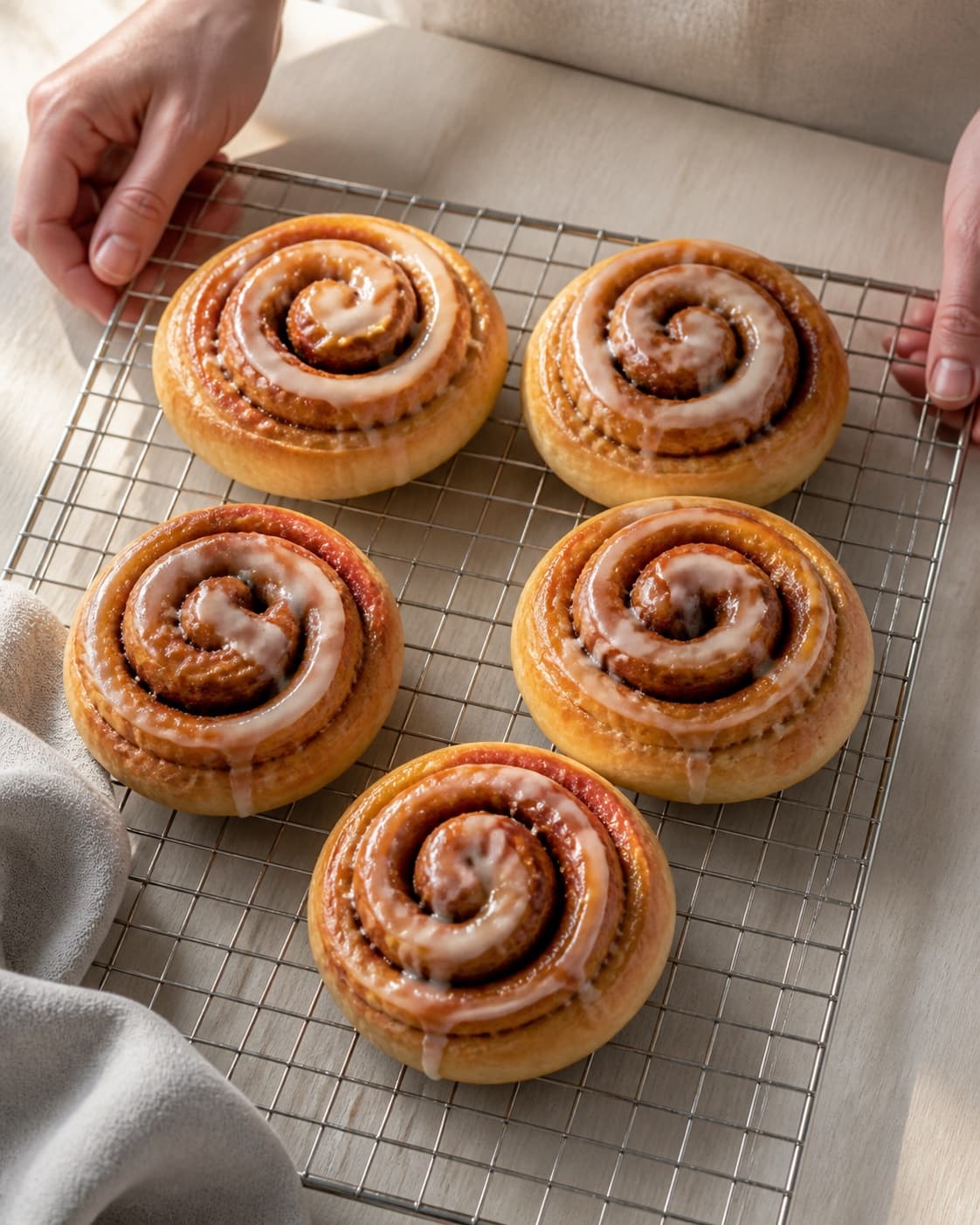 Golden baked kanelsnegle med glasur cooling on a wire rack under tilberedningen af kanelsnegle med glasur