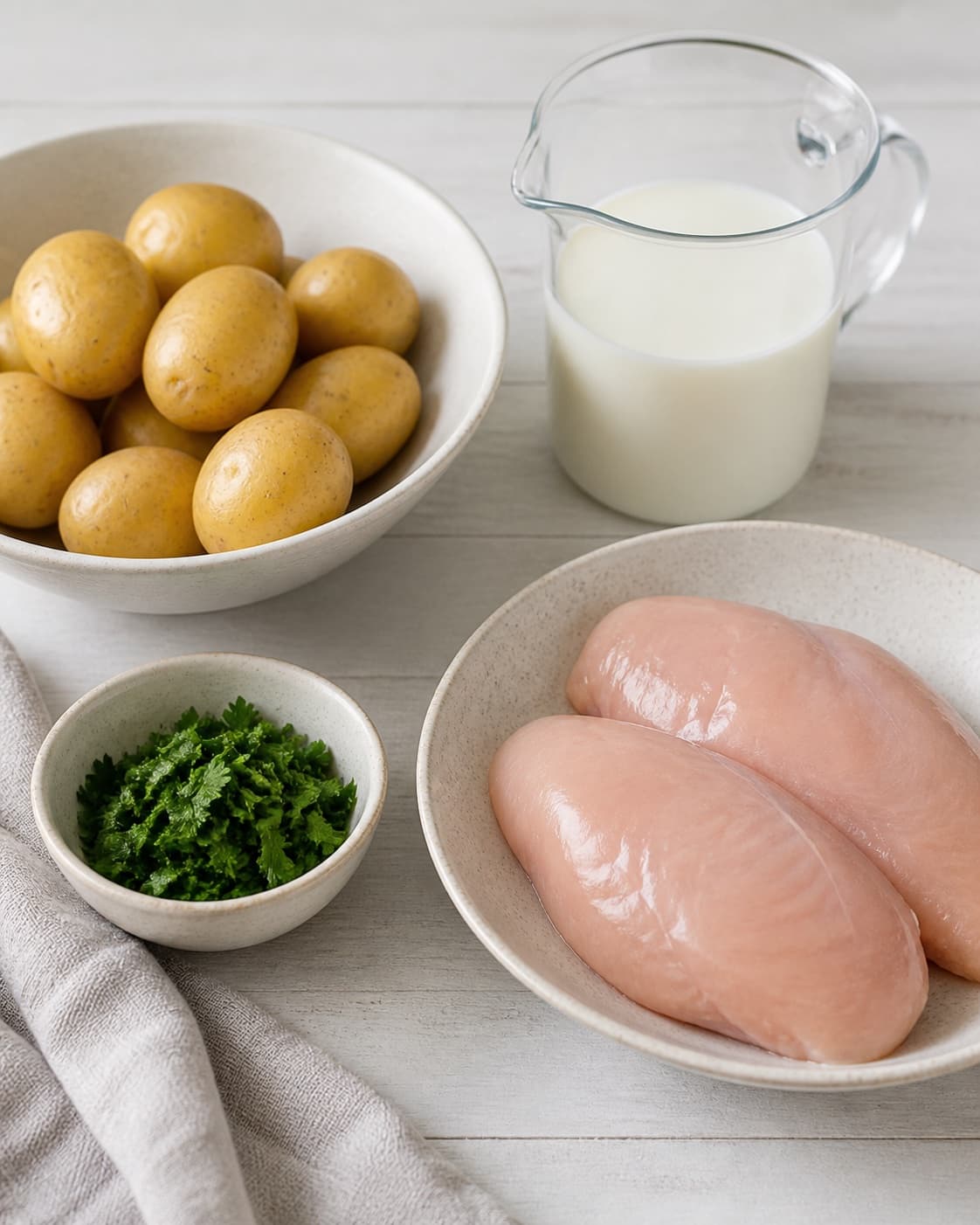 Prepared dry ingredients for kyllingebryst med nye kartofler og persillesauce with bredbladet persille, sødmælk, kartofler, kyllingekød under tilberedningen af kyllingebryst med nye kartofler og persillesauce