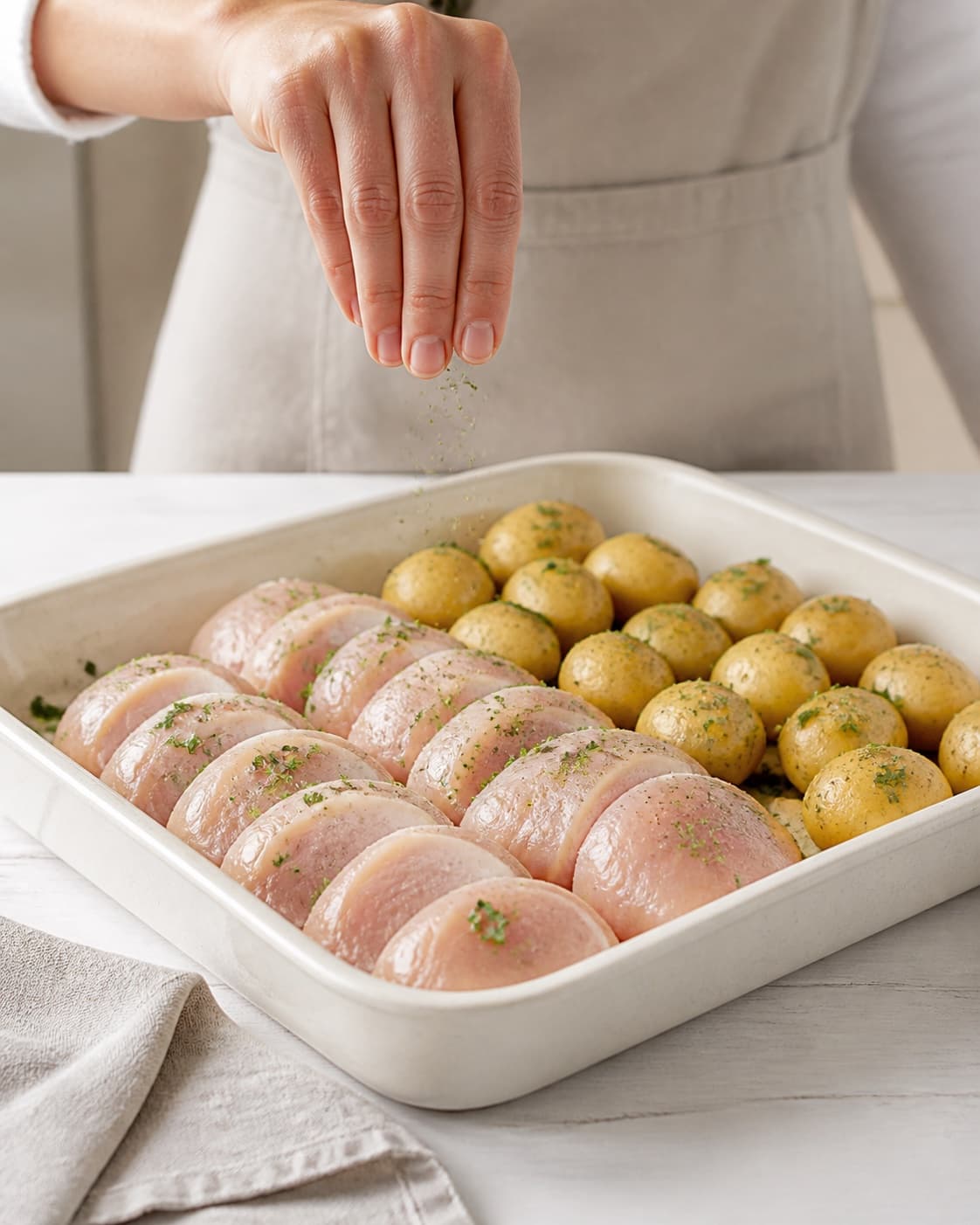 kyllingebryst med nye kartofler og persillesauce being evenly seasoned before roasting under tilberedningen af kyllingebryst med nye kartofler og persillesauce