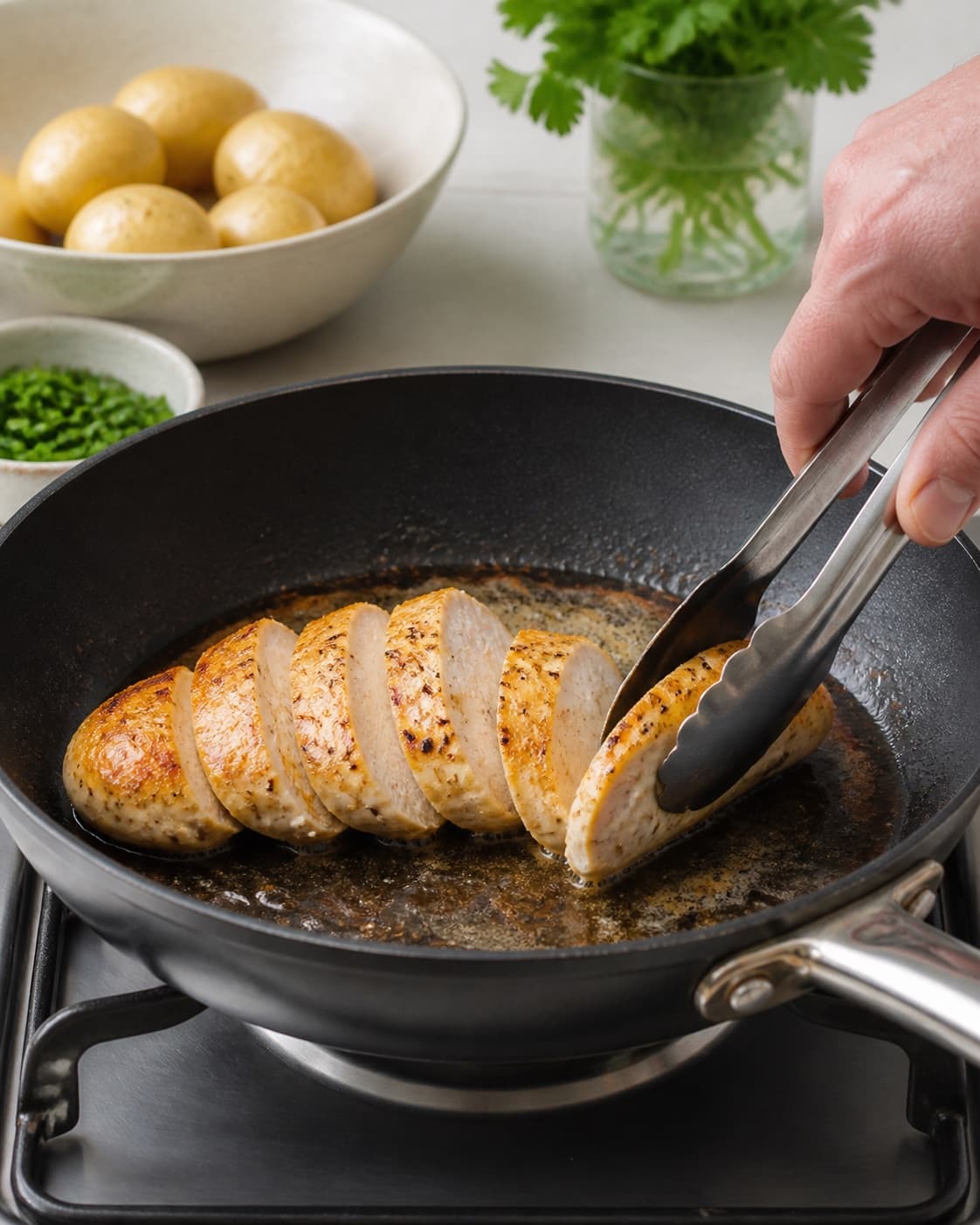 kyllingebryst med nye kartofler og persillesauce developing an even golden crust under tilberedningen af kyllingebryst med nye kartofler og persillesauce
