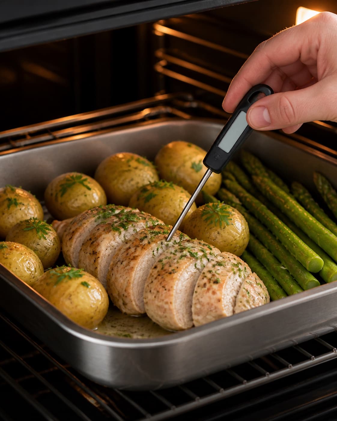kyllingebryst med nye kartofler og persillesauce roasting evenly while its centre temperature is checked under tilberedningen af kyllingebryst med nye kartofler og persillesauce