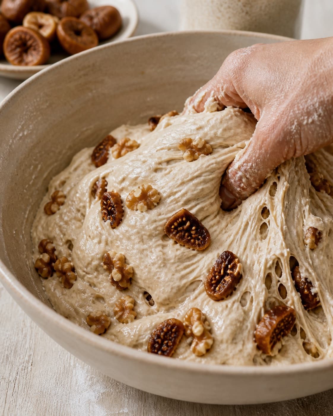 Close view of the moist dough for surdejsbrød med valnødder og figner being mixed in a bowl with friske eller tørrede figner, valnødder, aktiv surdej, hvedemel under tilberedningen af surdejsbrød med valnødder og figner