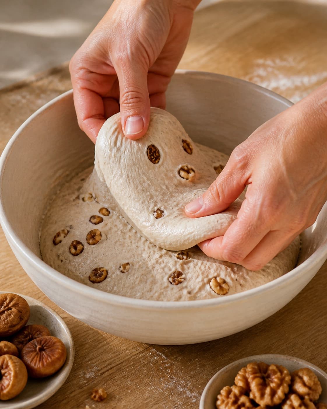 Hands gently folding elastic dough for surdejsbrød med valnødder og figner under tilberedningen af surdejsbrød med valnødder og figner