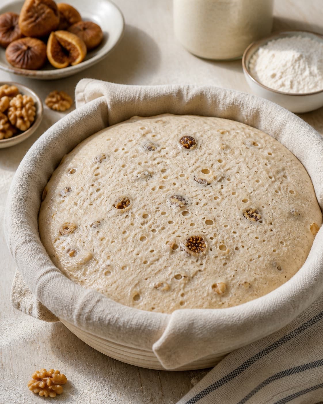 Proofed airy dough for surdejsbrød med valnødder og figner with visible fermentation bubbles under tilberedningen af surdejsbrød med valnødder og figner