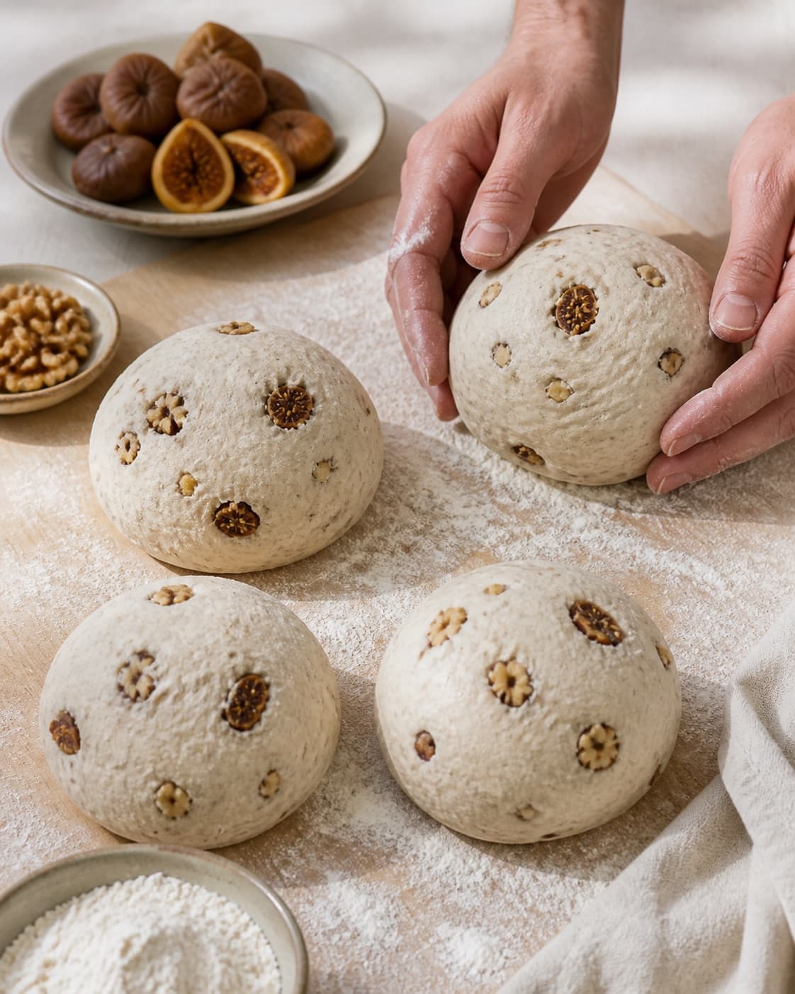 Even pieces of surdejsbrød med valnødder og figner being shaped before baking under tilberedningen af surdejsbrød med valnødder og figner