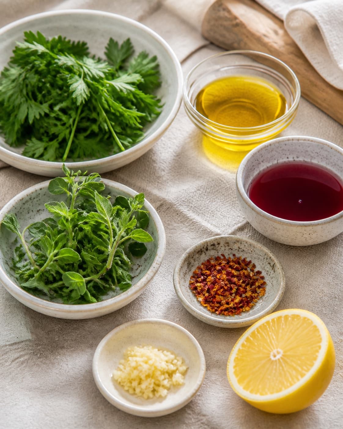 Clean prepared ingredients for chimichurri with bredbladet persille, frisk oregano, rødvinseddike, økologisk citron under tilberedningen af chimichurri