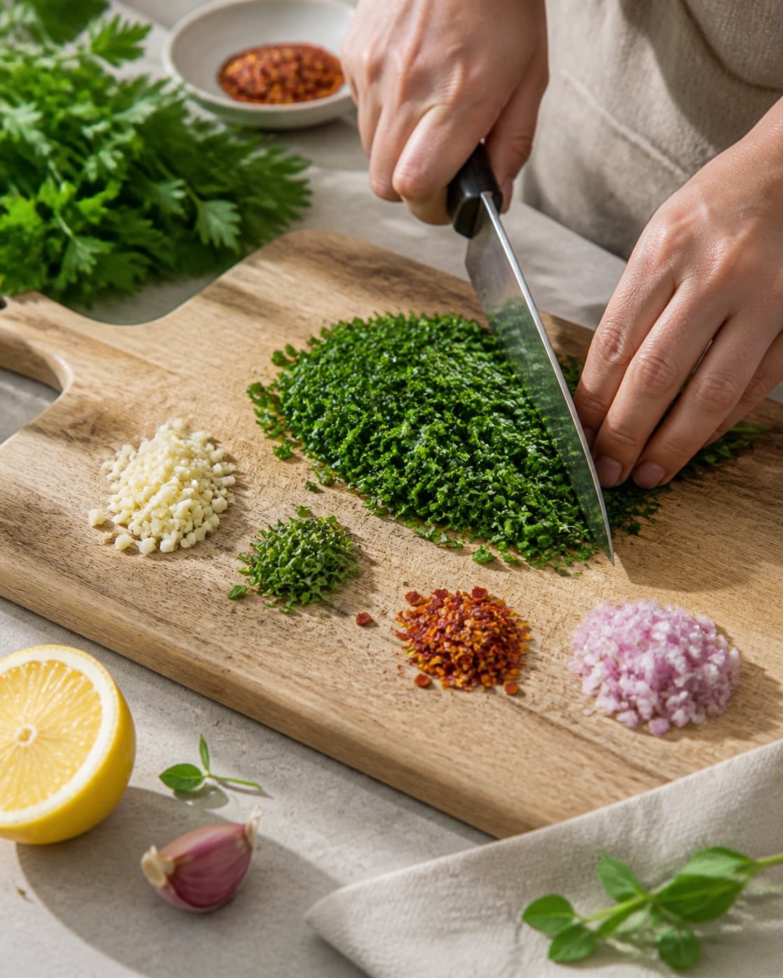 Ingredients for chimichurri being cut into even pieces under tilberedningen af chimichurri