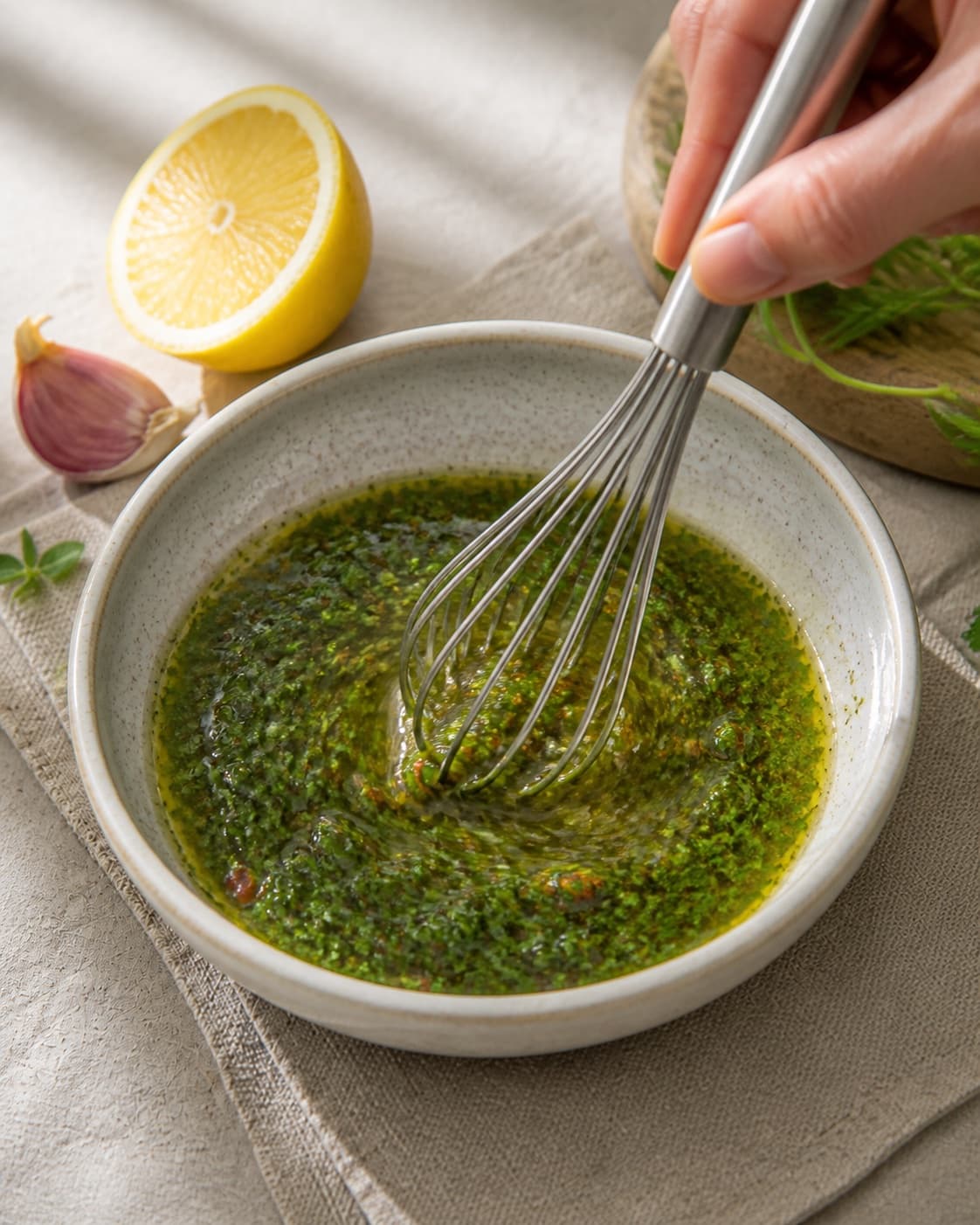 Dressing for chimichurri being whisked until glossy under tilberedningen af chimichurri