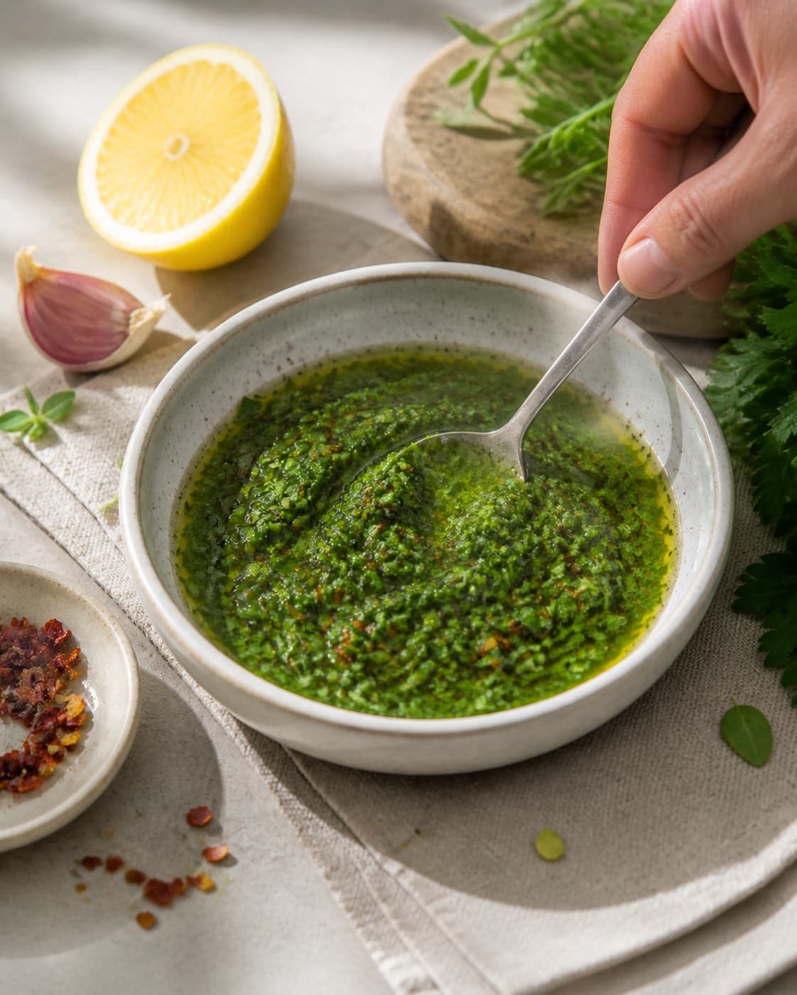 chimichurri being gently combined without crushing the ingredients under tilberedningen af chimichurri