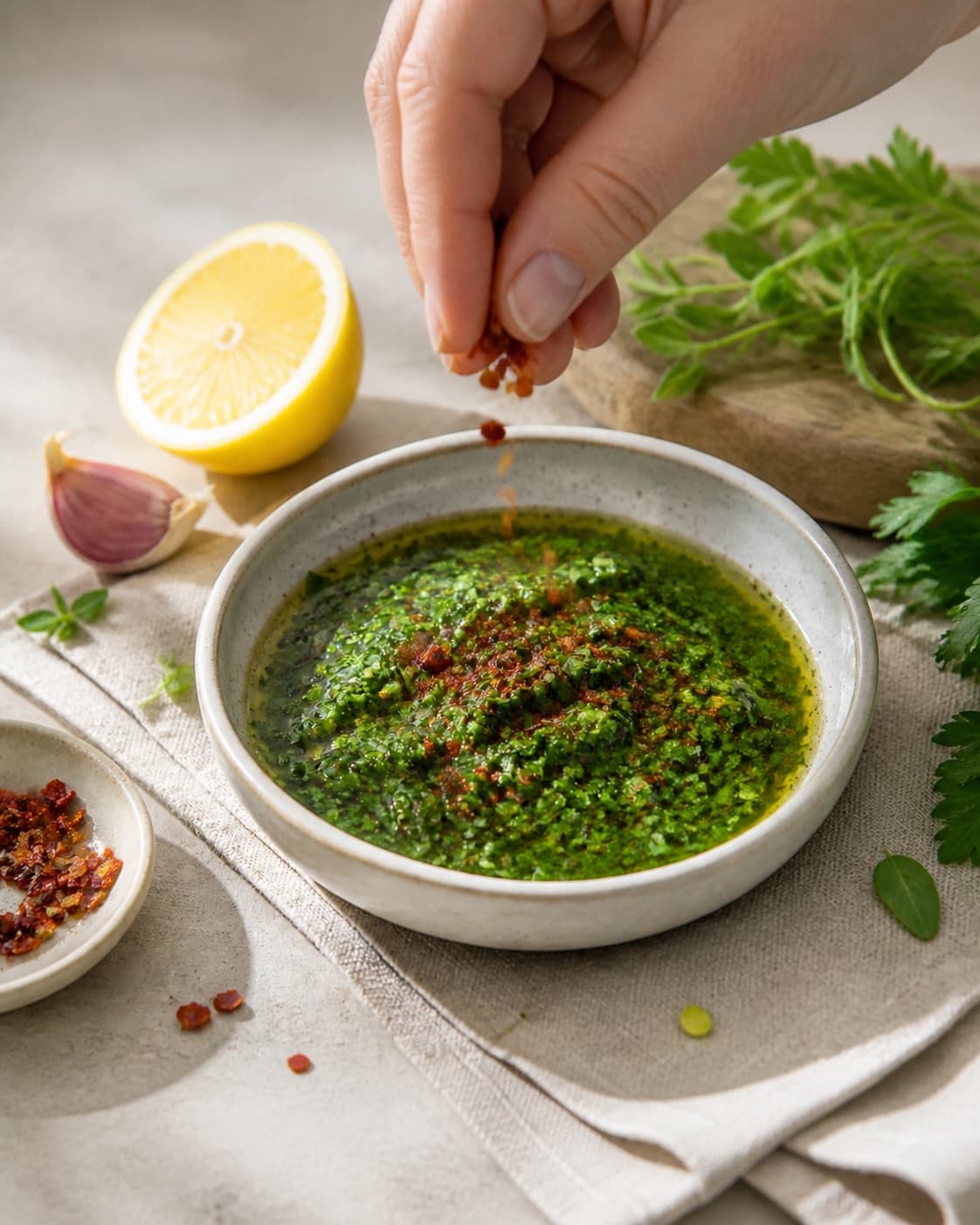 Fresh finished chimichurri receiving its final garnish under tilberedningen af chimichurri