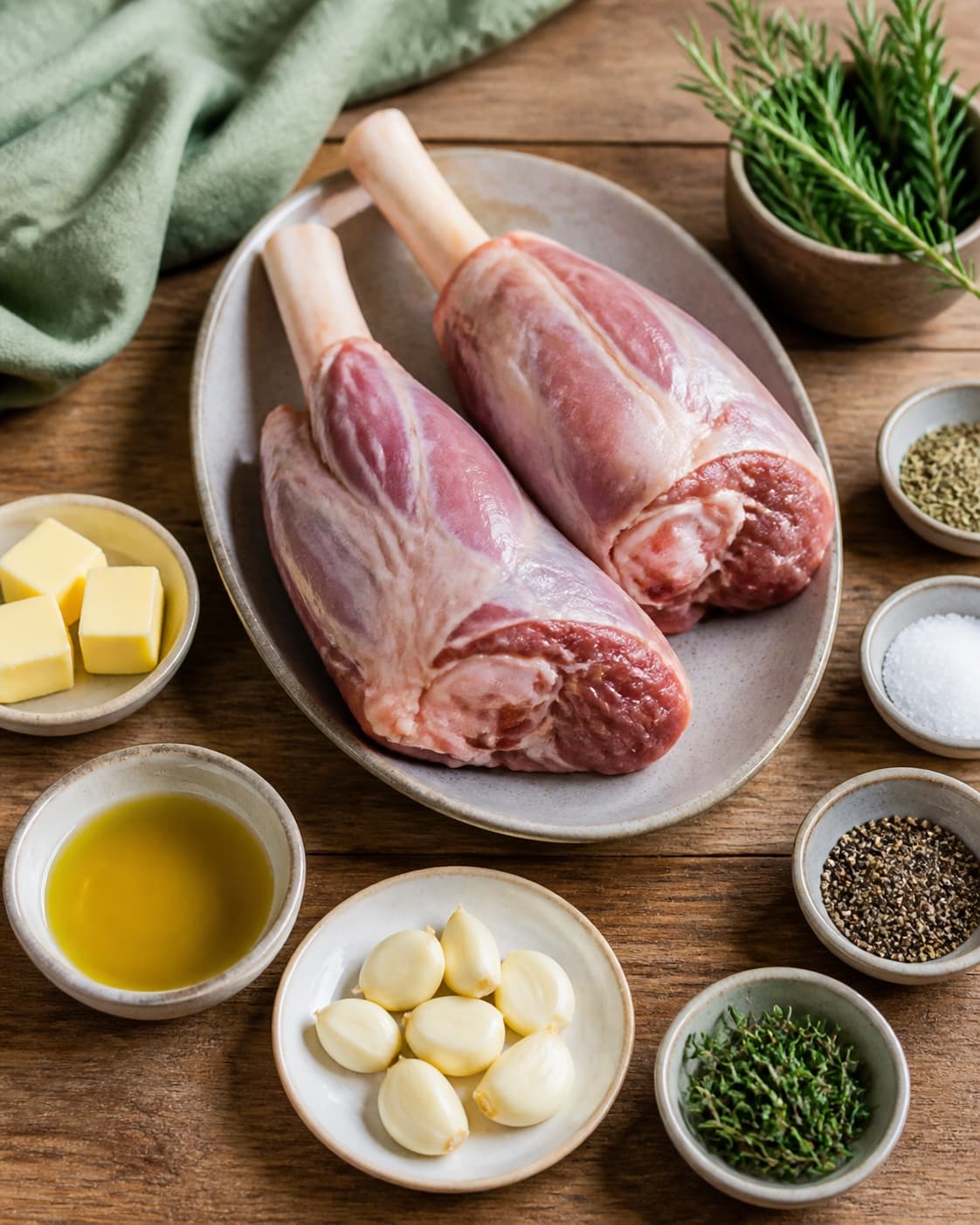 Prepared dry ingredients for lammeskank i ovn med hvidløg og friske krydderurter with lammeskanke, hvidløg, smør, rapsolie under tilberedningen af lammeskank i ovn med hvidløg og friske krydderurter