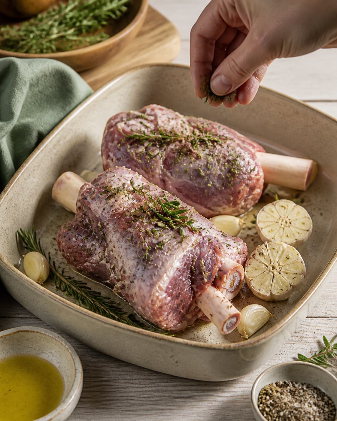 lammeskank i ovn med hvidløg og friske krydderurter being evenly seasoned before roasting under tilberedningen af lammeskank i ovn med hvidløg og friske krydderurter