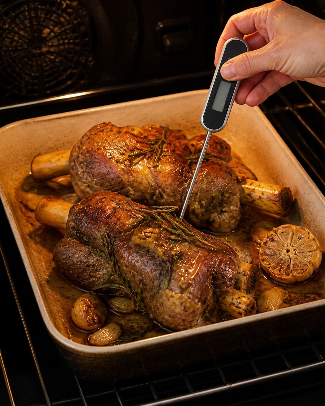 lammeskank i ovn med hvidløg og friske krydderurter roasting evenly while its centre temperature is checked under tilberedningen af lammeskank i ovn med hvidløg og friske krydderurter