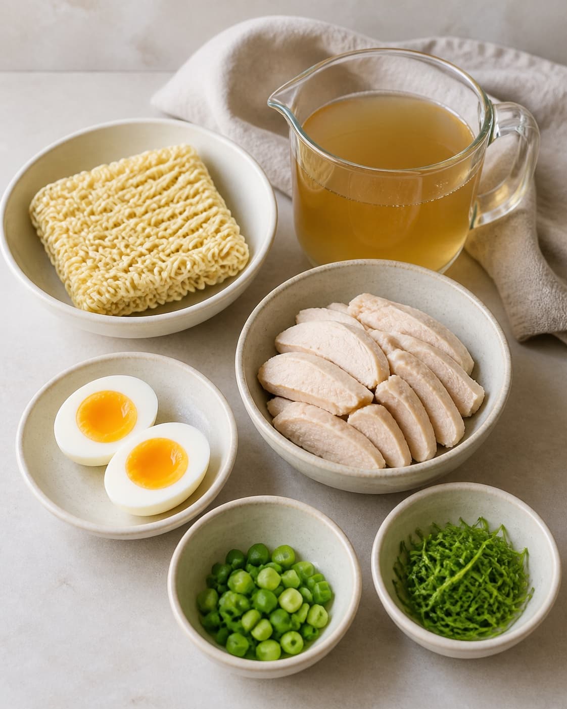 Mise en place for ramen suppe med kylling og nudler with ramennudler, kyllingefond, æg, kyllingekød under tilberedningen af ramen suppe med kylling og nudler