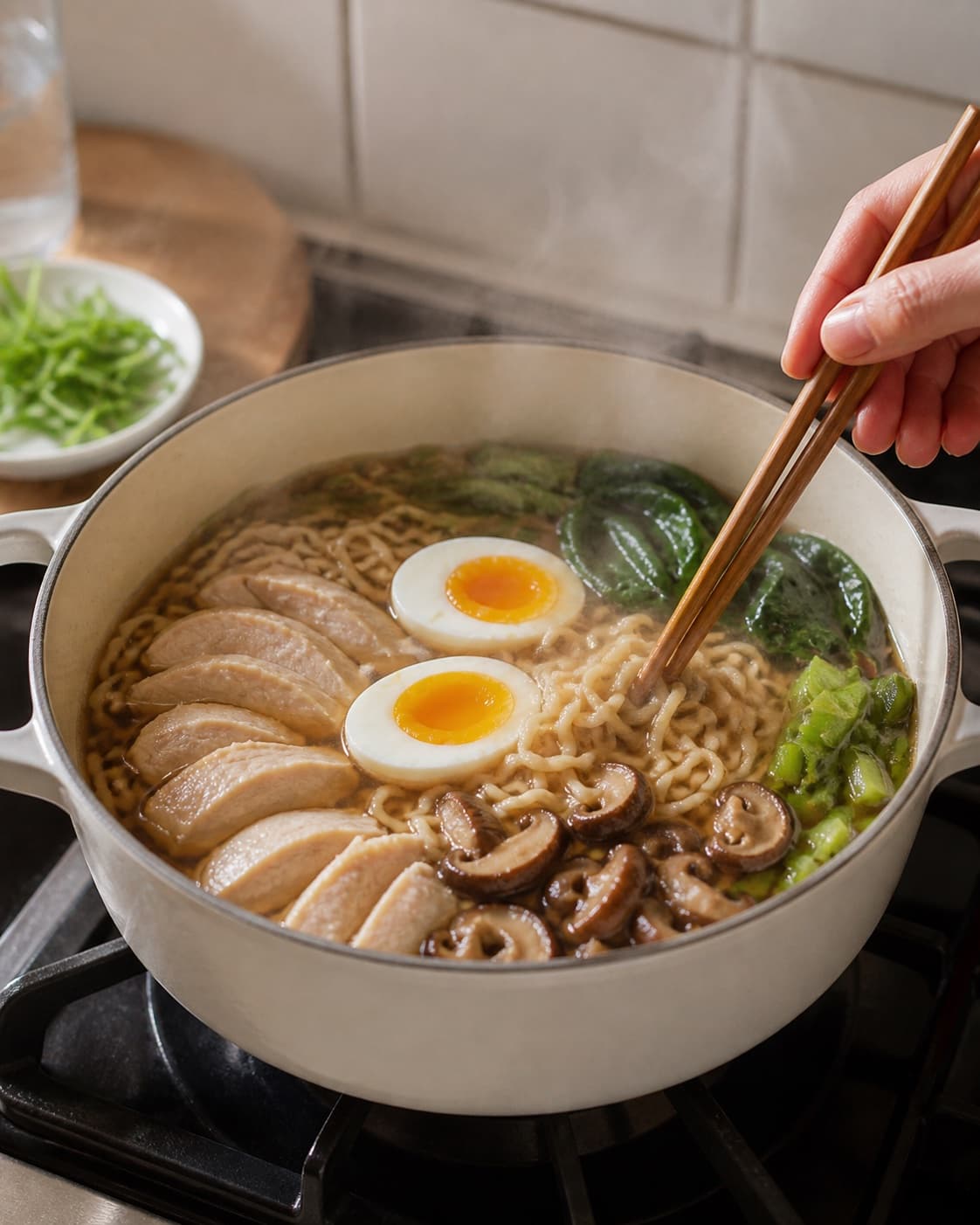 Aromatic base for ramen suppe med kylling og nudler gently cooking in a pot under tilberedningen af ramen suppe med kylling og nudler